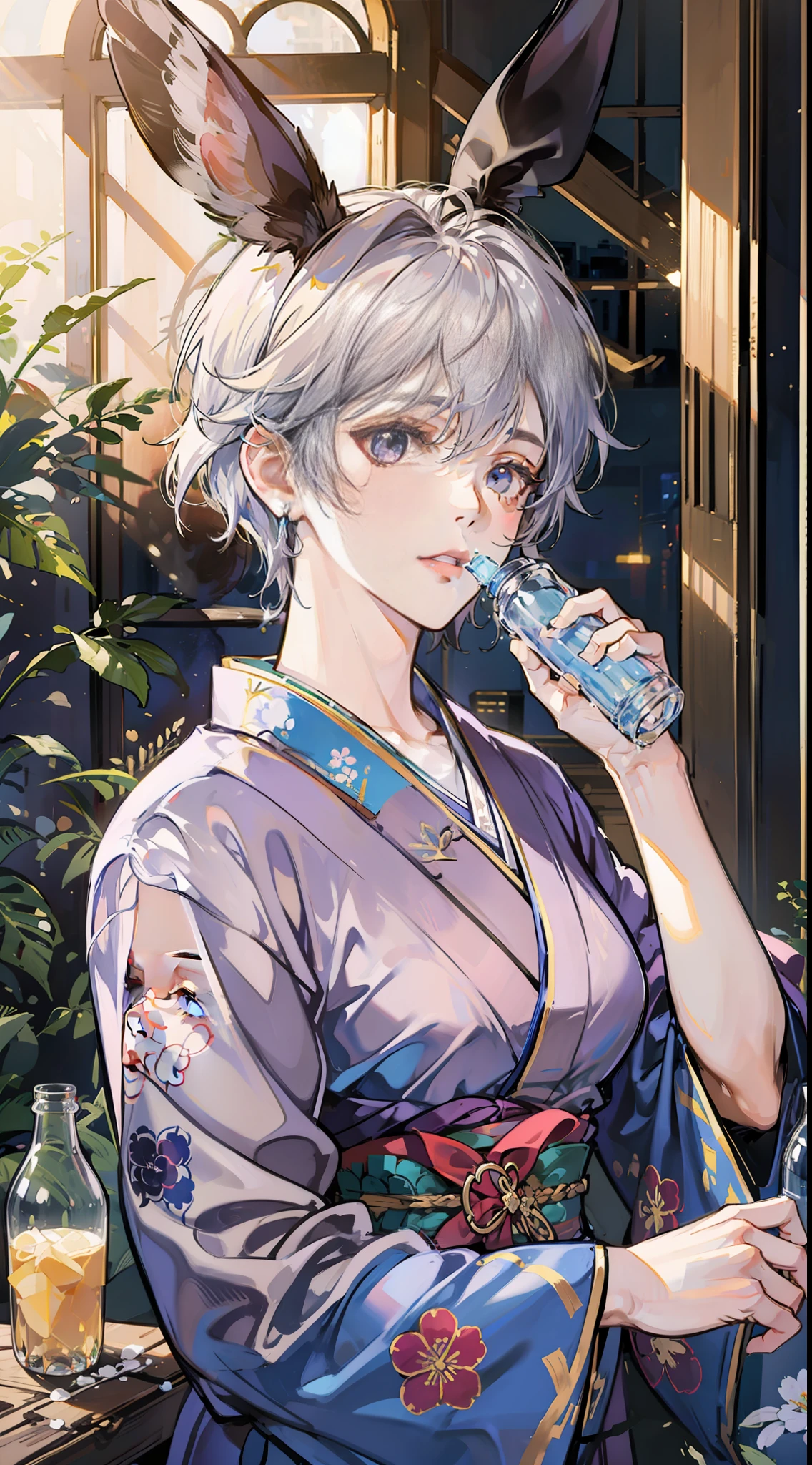 Rabbit ears　Silvery hair　short-haired　Blue kimono　Adonis　Drinking water　In plastic bottles　high-level image quality　ren