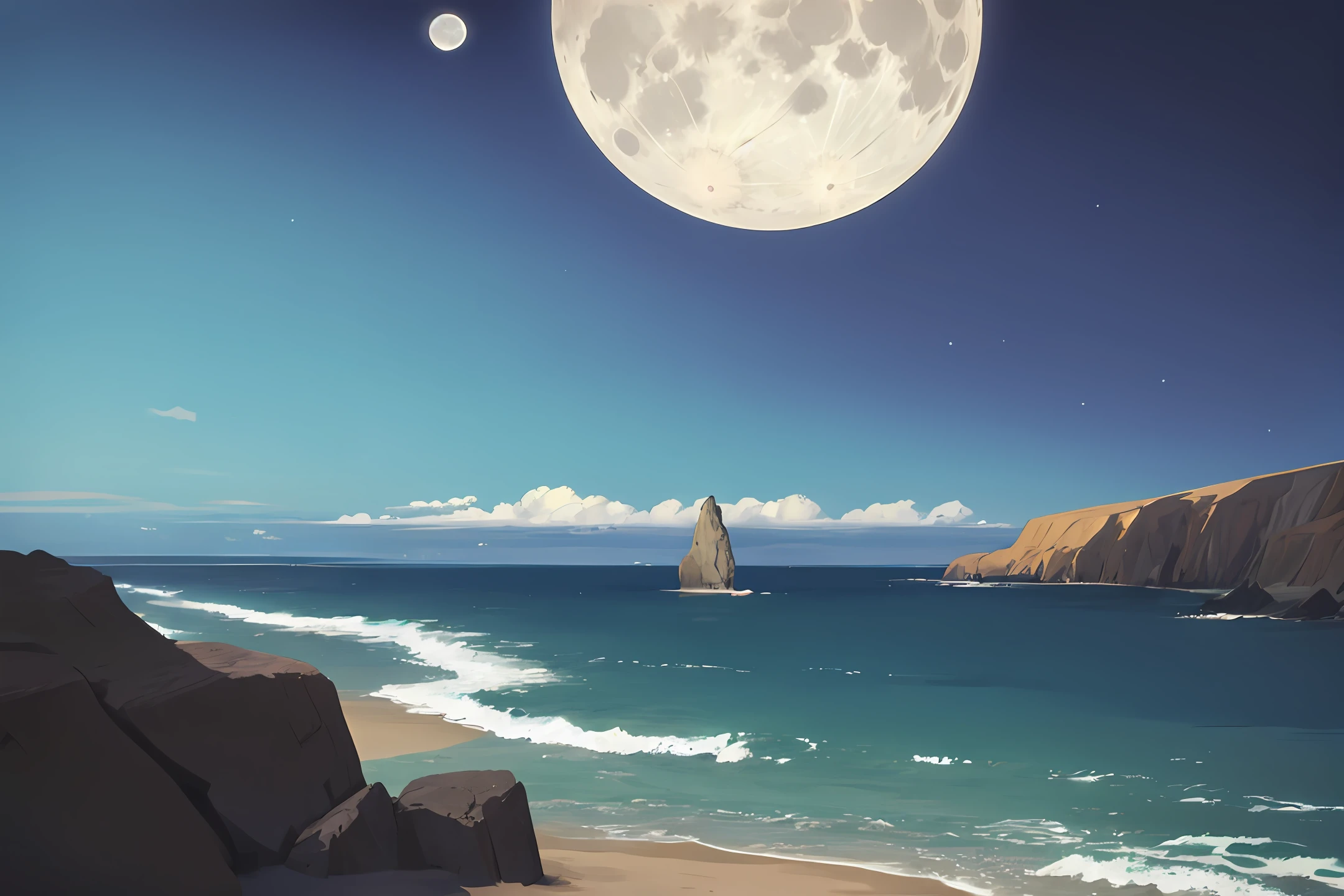 It was an evening,On the left of the picture is a seaside,To the right of the picture is a cliff with a wolf on it,It's facing overhead,The full moon above roared