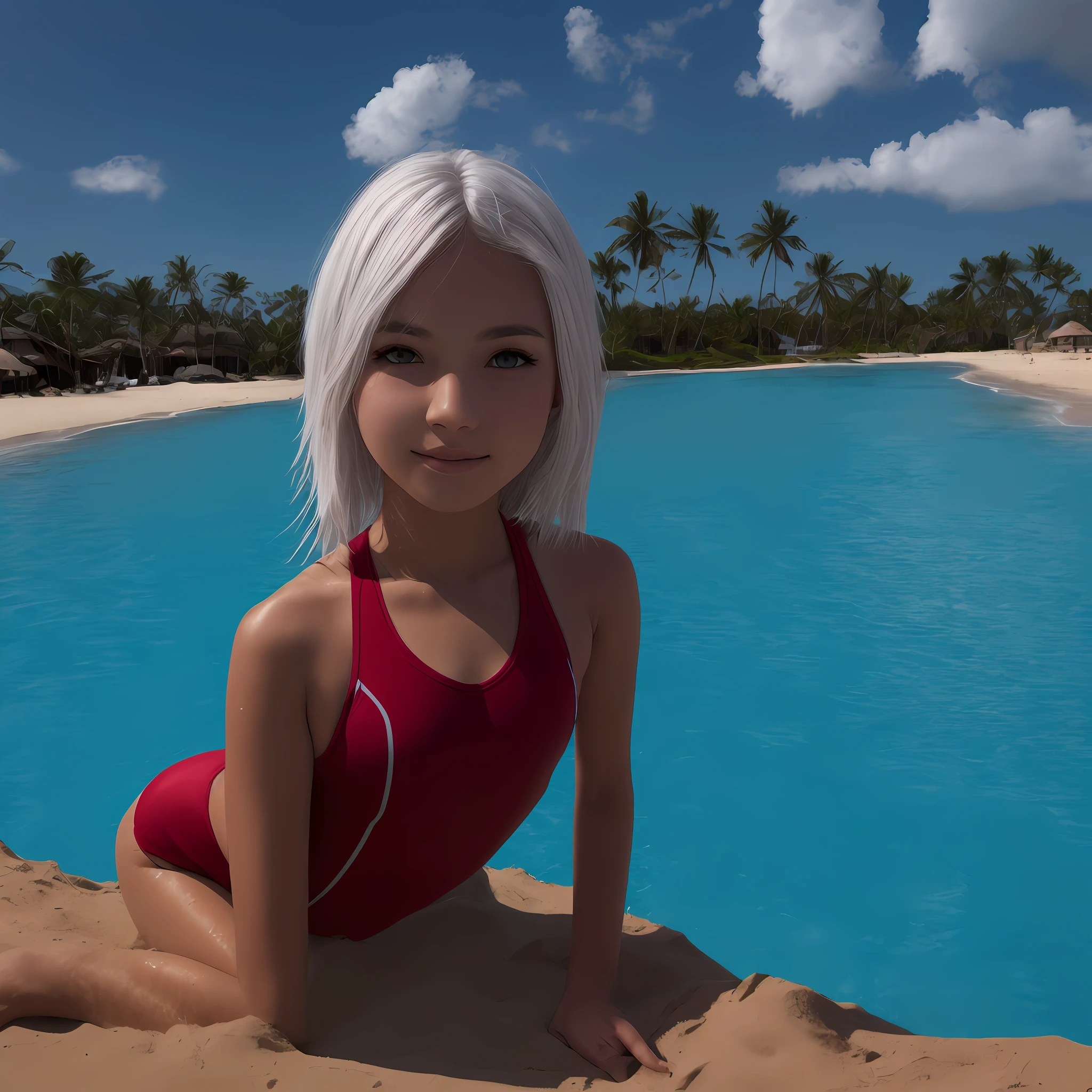 femele.White hair.red color eyes.short detailed hair.swimming uniform.sand beach