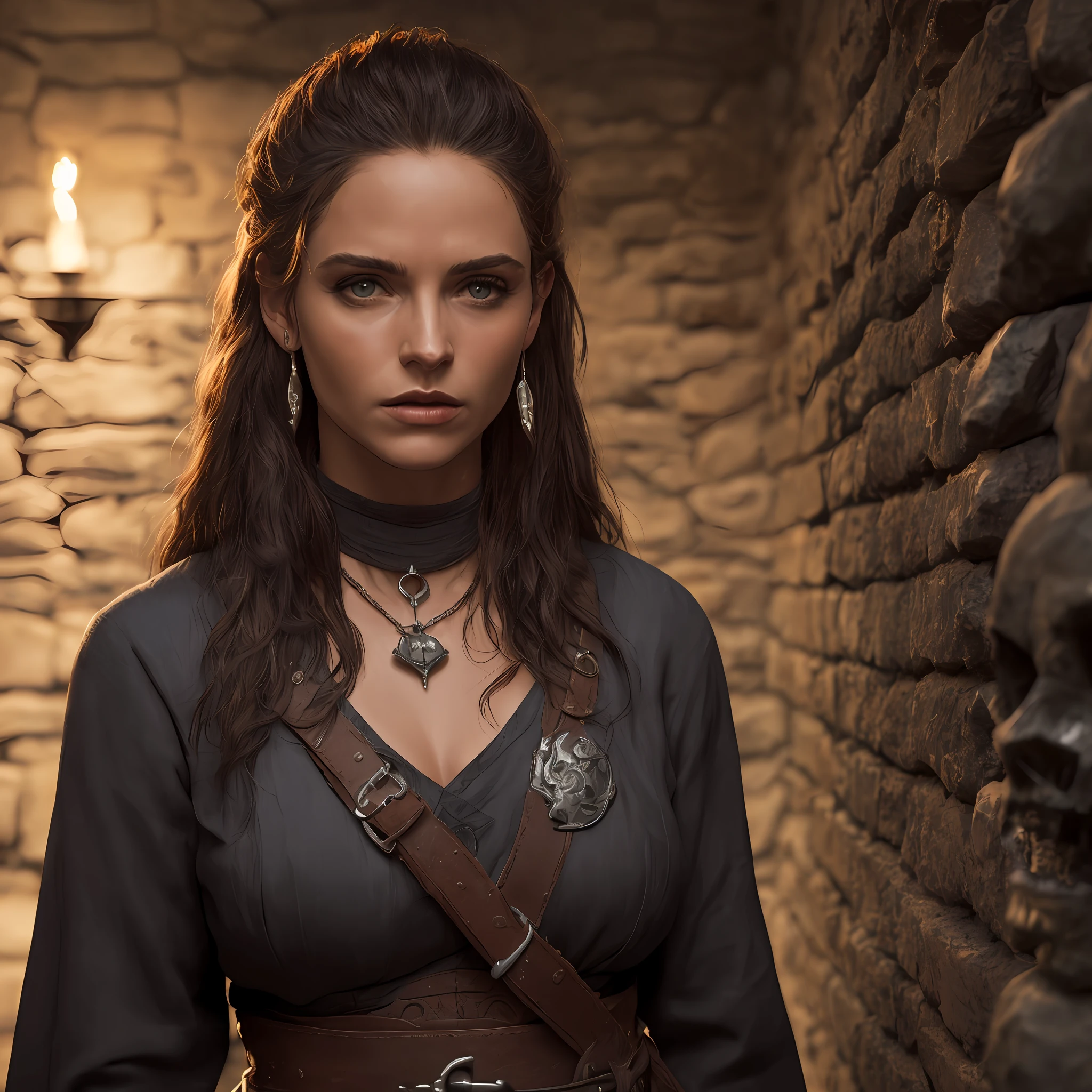 Close-up, (alta qualidade: 1.3), Cinematic Still Shot, obra-prima, (foco nítido: 1.5), (fotorrealista: 1.3), medium portrait of (a tired-looking Viking warrior woman, cabelos loiros, cabelo cortado lateralmente, tatuagens, Seios enormes, mas ainda orgulhosa e feroz, now the leader of her village , vestida com cota de malha elaboradamente detalhada e armadura de couro, a room with stone wall and human skulls on the walls, giving the scene a somber atmosphere, but sculpting the shapes in crisp chiaroscuro), it is night time, (pele altamente detalhada), (rosto detalhado), fundo detalhado, dark ilumination, twilight lighting, volumeric lighting, detalhes complexos, UHD,