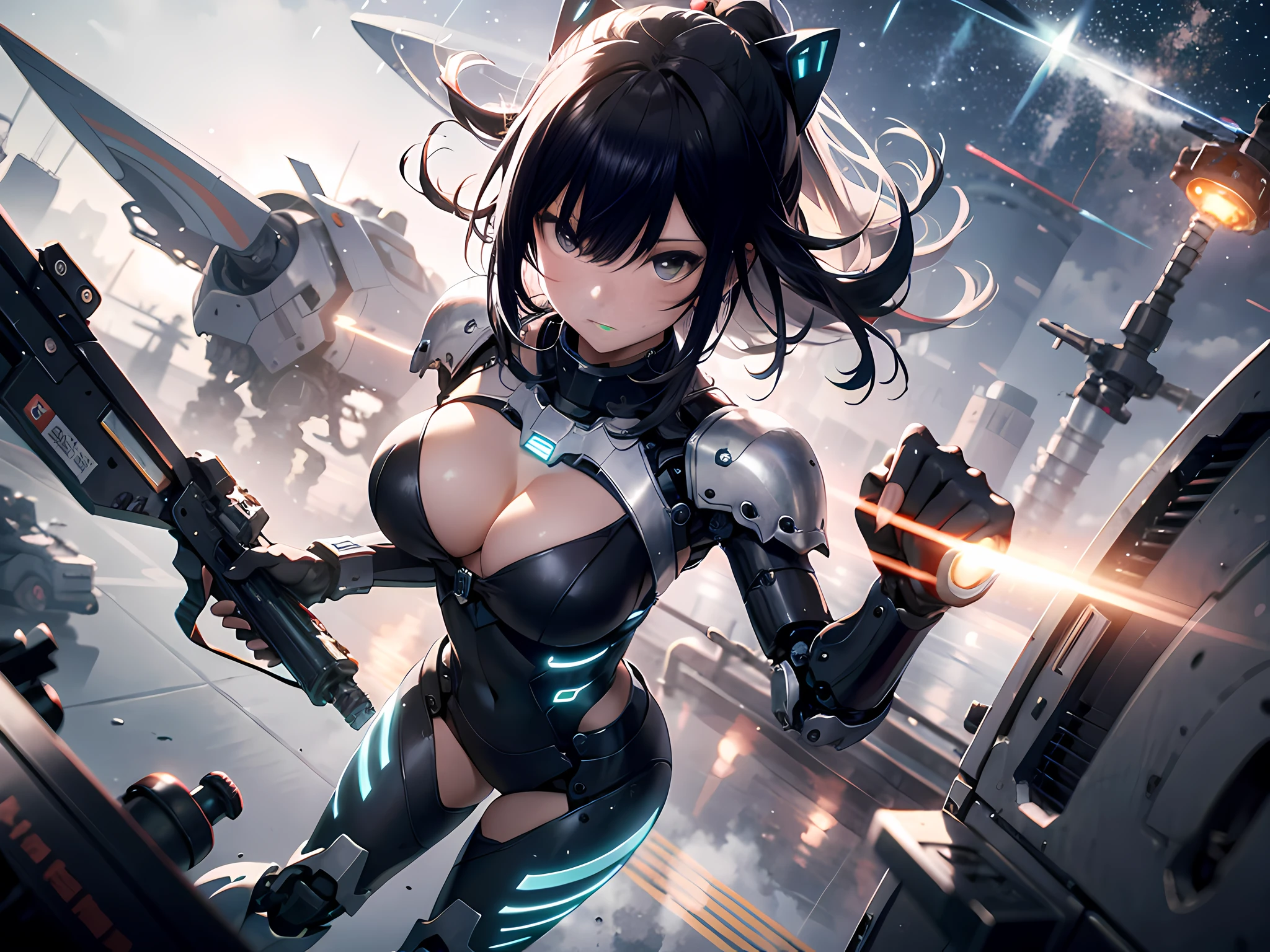 on the sky,Outdoors,Clear face,Face device,Flushed cheeks,Sit on the mech,Neon lights shine shadows on the body,Ridiculous resolution, A high resolution, (巨作:1.4), ultra - detailed,Oversized machine gun|Mechanical sword, 1girll, wearing spacesuit,looking from above, the space, afloat,moons,(Running position)(Hand fist),Wide-angle lens distortion,Inside the robot factory,超高分辨率,Higher quality,Best image quality,Works of masters,depth of fields,full body shot shot,As estrelas,Skysky,meteor shower,neonlight,metallic luster,lense flares,Operate inside the chest of the robot,Background: Many high-end robots are high,Passers-by,Faraway view,Background air station,The robot is occluded,Bigboobs,An anime character,Final Fantasy,((There is mechanical armor outside the underwear)),animemanga girl,sci-fy,Hold the mechanical controller,aerocraft,