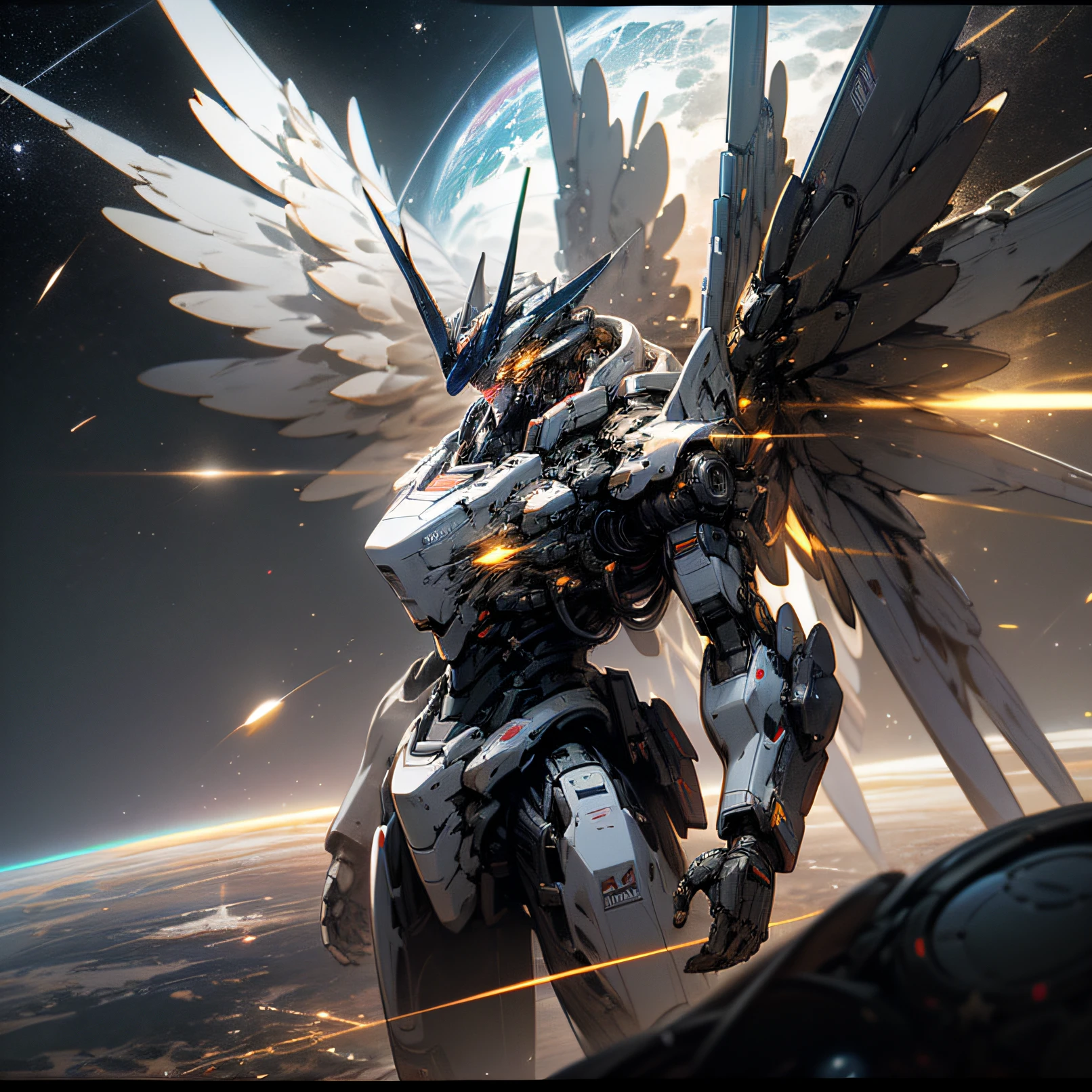 In space,Huge planet,Starcloud,holdingweapon,without humans,with light glowing,(Male mech:1.2),Male robots,giant mechanical wings,Mecha wings,(Flying in space:1.3),Comet fragments,glowing light eyes,red color mecha,scientific fiction,space,Realistis,mechs,Milky Way Galaxy background,neonlight,cyber punk perssonage,wallpaper hd,cg art ,tmasterpiece,Best Picture Quality --auto