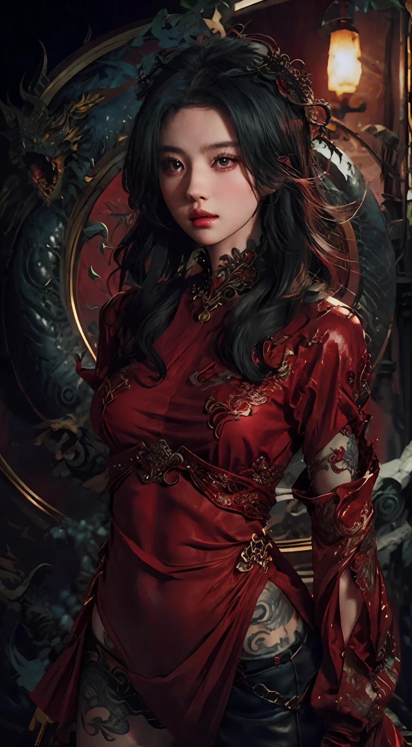 Dragon tattoo woman in red clothes