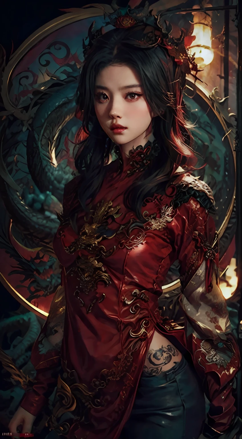Dragon tattoo woman in red clothes