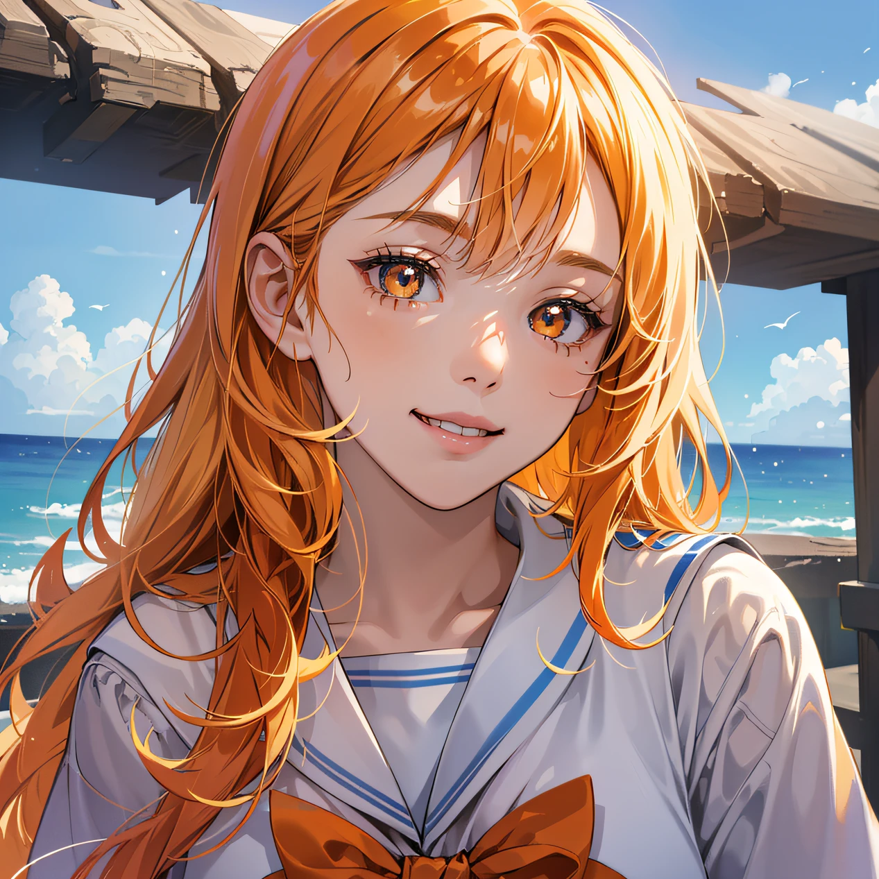1girl, adolable, 26 year old, ssmile, Raised sexy，looks into camera, sailor uniformm, seifuku, photore, realisticlying, Best quality at best, employee, 详细的脸, the ocean,starrysky， detailed back ground, diffuselighting, depth of fields, Background bokeh --auto