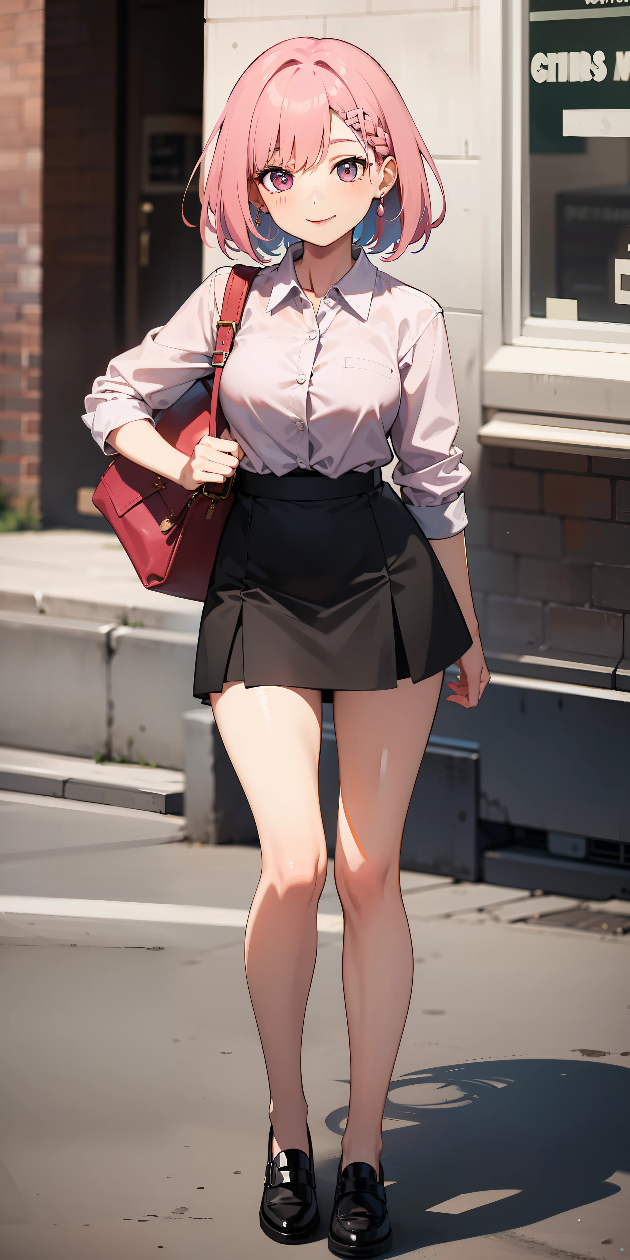 A pink-haired，With a smile，Wear a short skirt