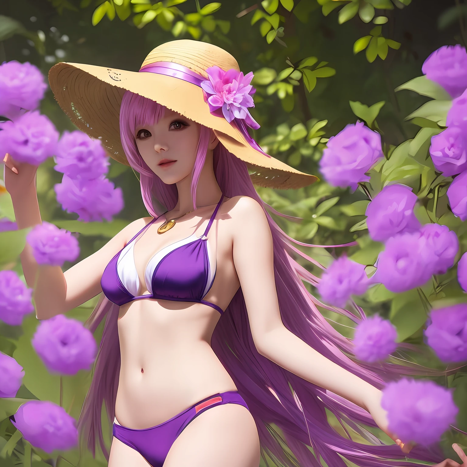 Pink hair and straw hat pose for Arape's photo, Anime girl cosplay, Anime cosplay,, seductive anime girls, cosplay, purple Bikini, Ayaka cosplay, cosplay foto, purple Bikini, belle delphine, rpgmaker, with straw hat, Anime goddess, White bikini, Sexy girl, elegant glamourous cosplay --auto