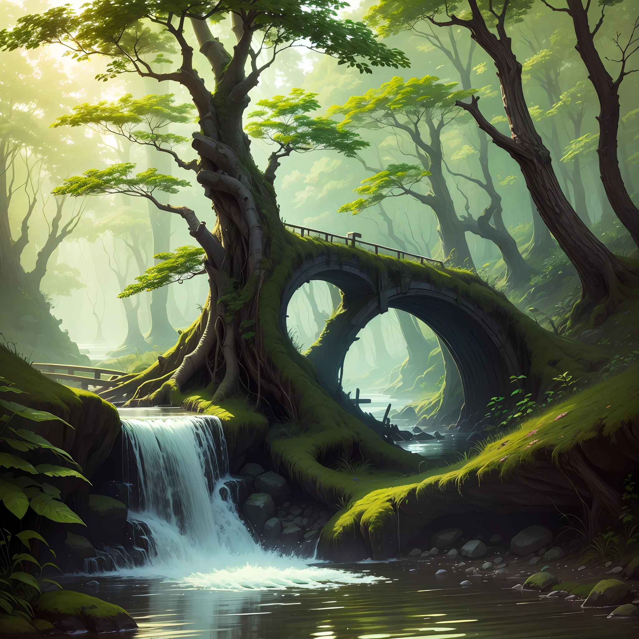 Lone vine old tree faint,Small bridges and flowing water --auto