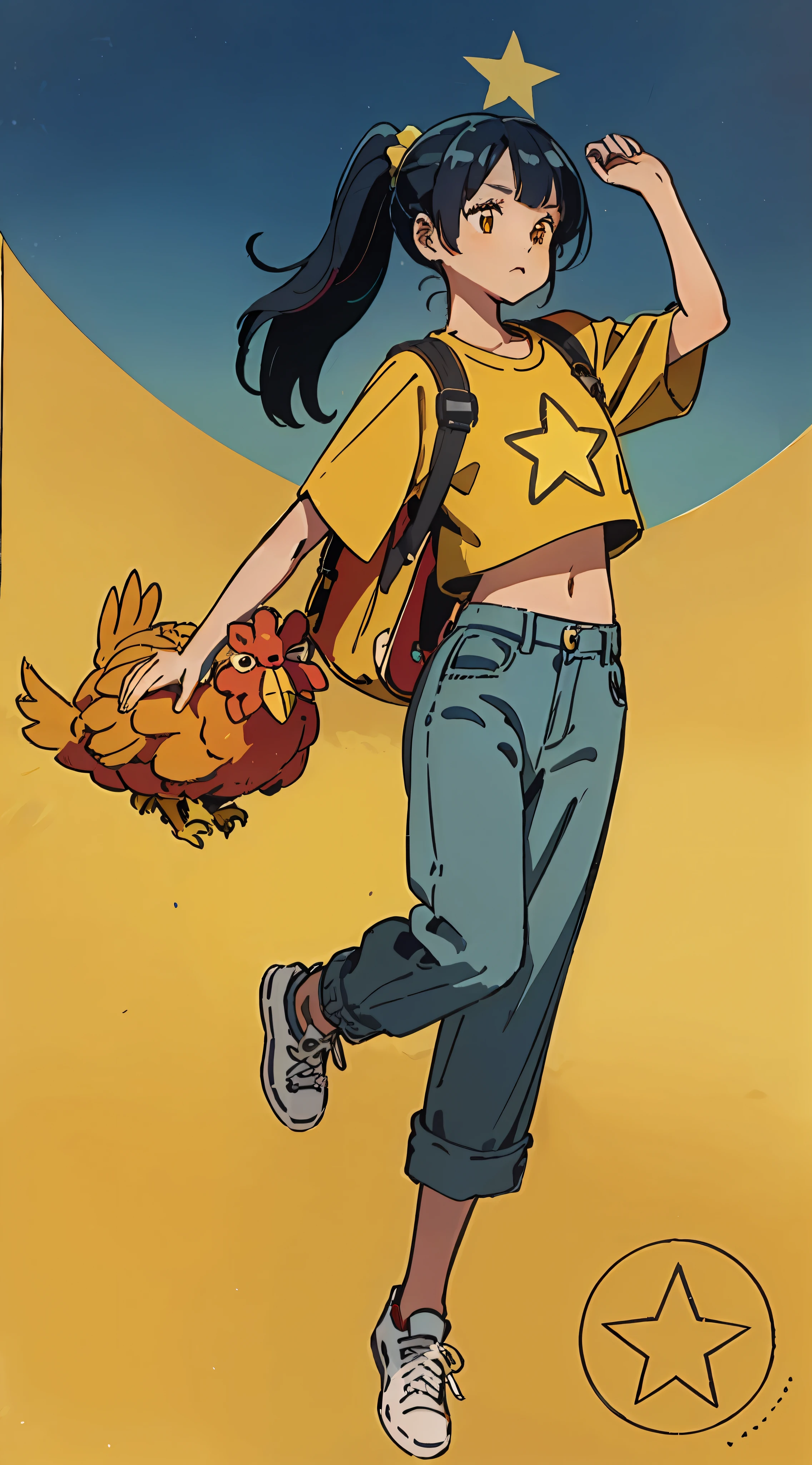best quality girl with dark blue hair in a long ponytail, wearing an oversized yellow crop top with a star on it, baggy pants, a small backpack, orange eyes, in a dynamic pose holding chickens