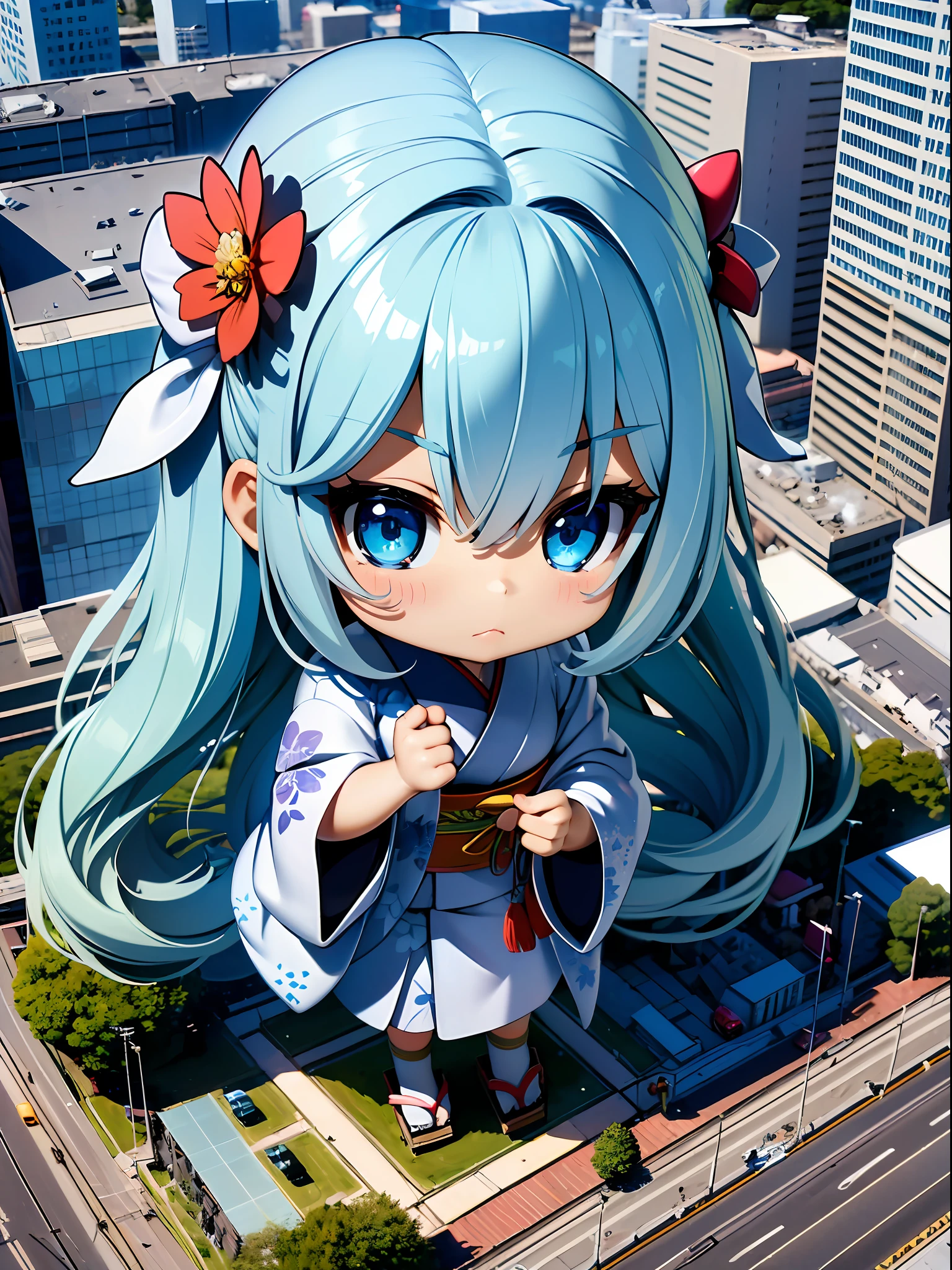 (Masterpiece), (kawaii, chibi, deformation Character, Tiny:1.4), beautiful eyes, *********** 4K resolution, highly detailed, ultra high quality, Beautiful 3dcg illustrations, (beautiful Japanese girl), yuki-onna(spirit in Japanese folklore)snow woman, (white kimono),(short kimono dress),(Japanese clothing),(light blue hair),(very long hair updo),(blizzard),(snow),(ice),big had, big eyes, blind box figurine, tiltshift city 1girl solo building, full body,