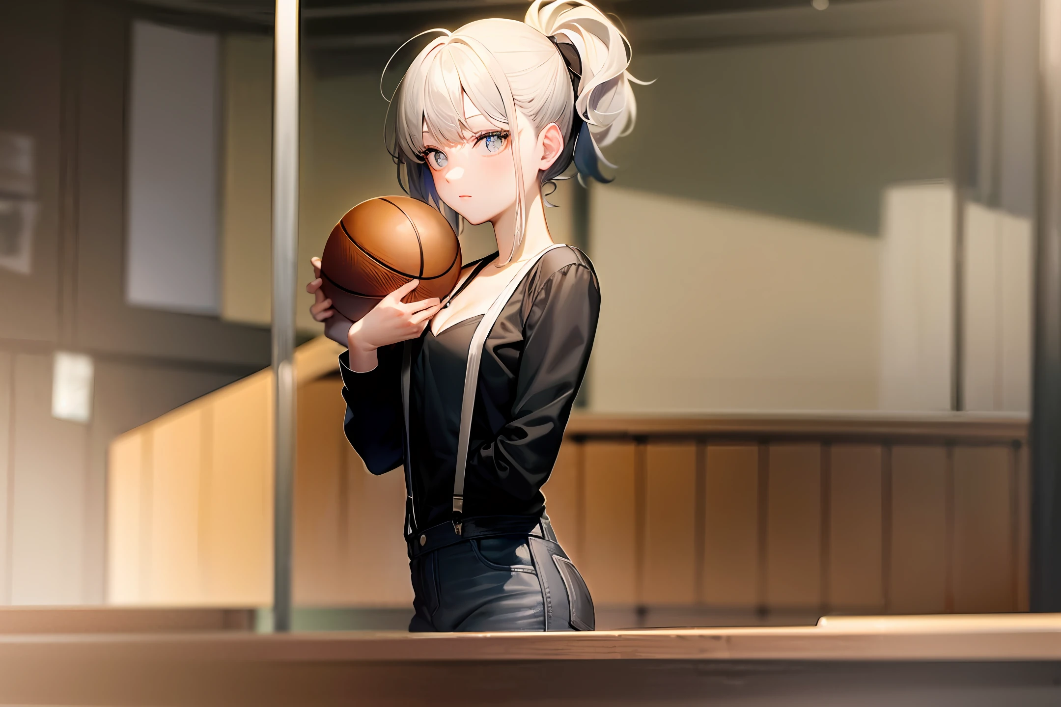 middle score，Black long-sleeved shirt，Off-white suspenders，closeup cleavage，A high resolution，basketball ball，chicken，Top-notch image quality，realisticlying，Gray hair，Black pupils，Just because you are so beautiful，femele