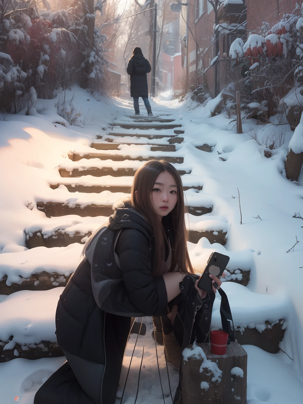 realisticlying， photography of， RAW photogr， A woman crouches in the snow， Long hair， （A high resolution）， （realisticlying：1.4）， （very intricate）， （exquisitedetails）， highly  detailed， A high resolution， Original， Extremely detailed 8K wallpaper， best qualtiy， 详细的脸， ultra - detailed， （toppless）