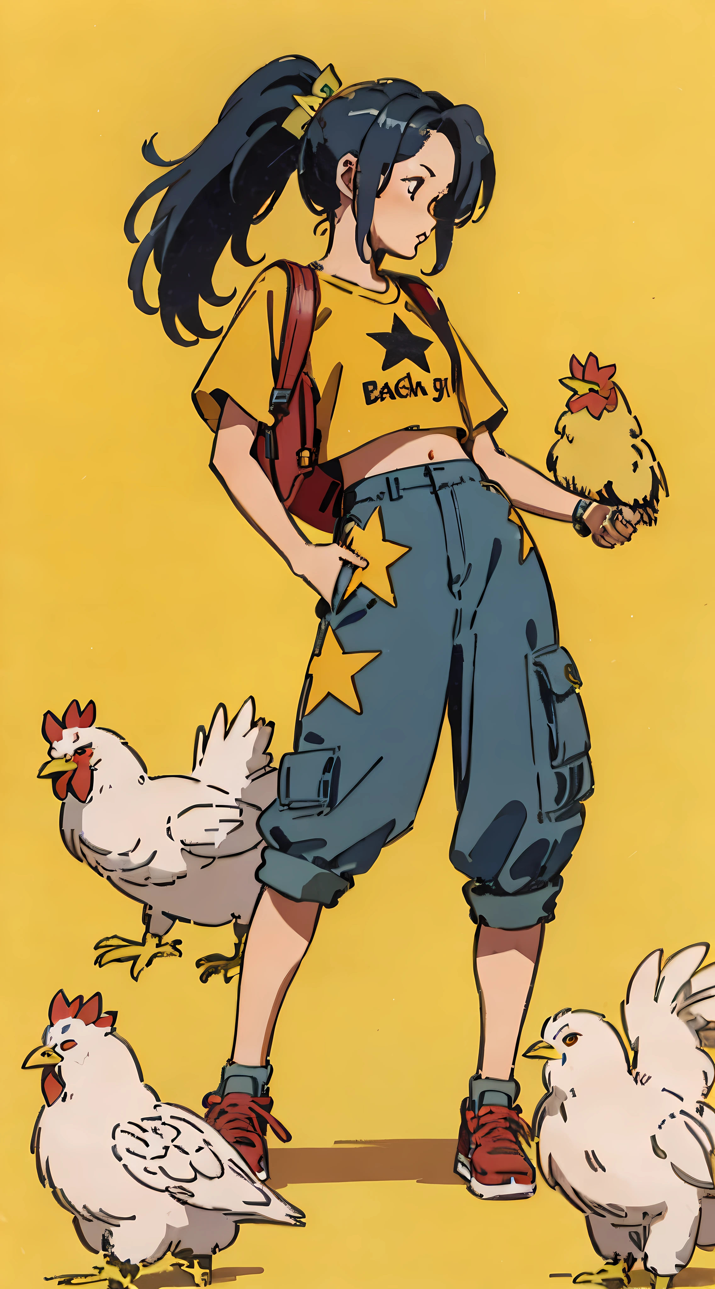 best quality girl with dark blue hair in a long ponytail, wearing an oversized yellow crop top with a star on it, baggy pants, a small backpack, orange eyes, in a dynamic pose holding chickens