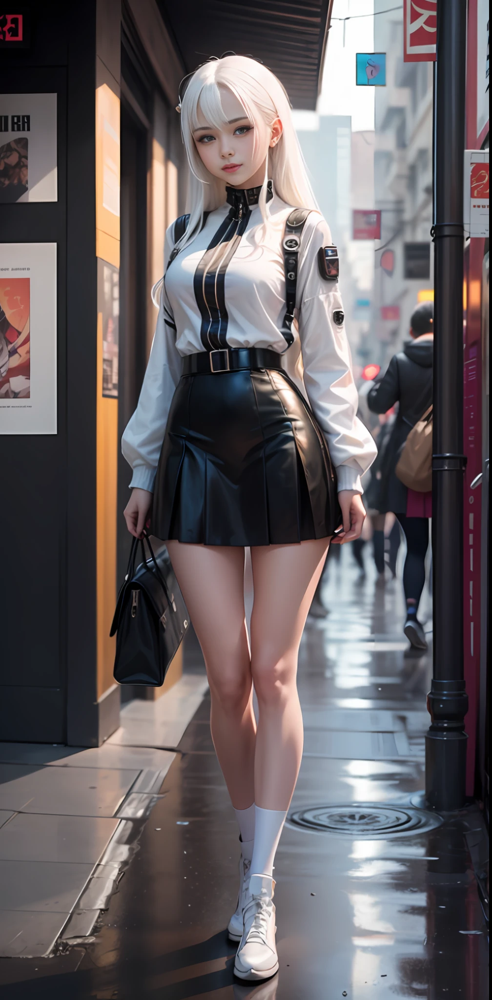 Cyberpunk Style, teens girl, 年轻, White hair, ssmile, long whitr hair，Beth，White long sleeves，Very short skirt，full bodyesbian， white stockings，Royal sister style