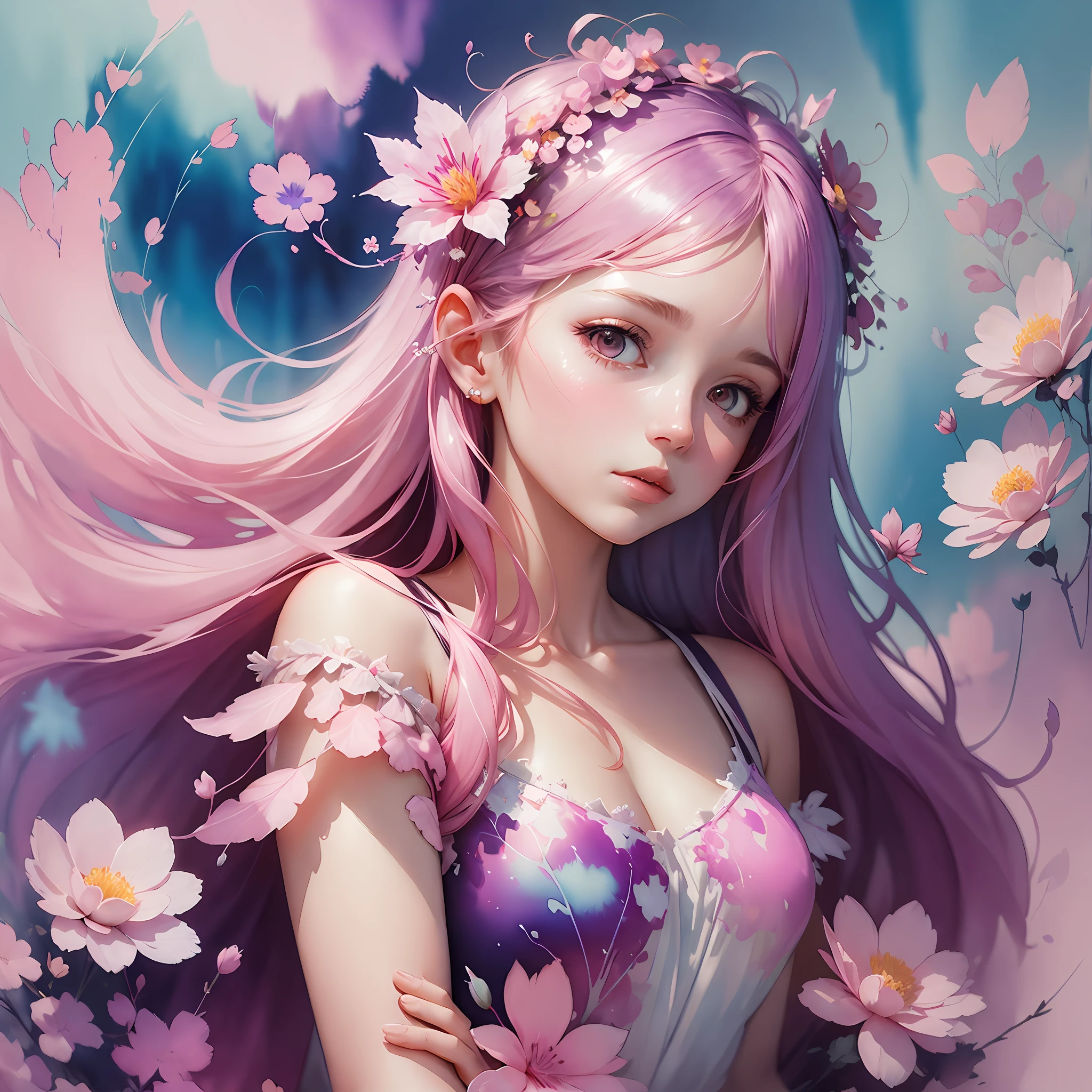 Gear 00D, Beautuful Women, Long hair, A pink-haired, hairaccessories, Floating hair, flower, detail portrayal、Masterpiece、ultra-detailliert、top-quality、