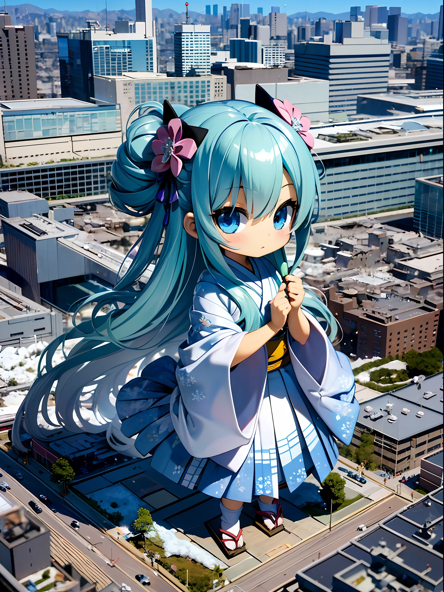 (Masterpiece), (kawaii, chibi, deformation Character, Tiny:1.4), beautiful eyes, little Girl 4K resolution, highly detailed, ultra high quality, Beautiful 3dcg illustrations, (beautiful Japanese girl), yuki-onna(spirit in Japanese folklore)snow woman, (white kimono),(short kimono dress),(Japanese clothing),(light blue hair),(very long hair updo),(blizzard),(snow),(ice),big had, big eyes, blind box figurine, tiltshift city 1girl solo building, full body,