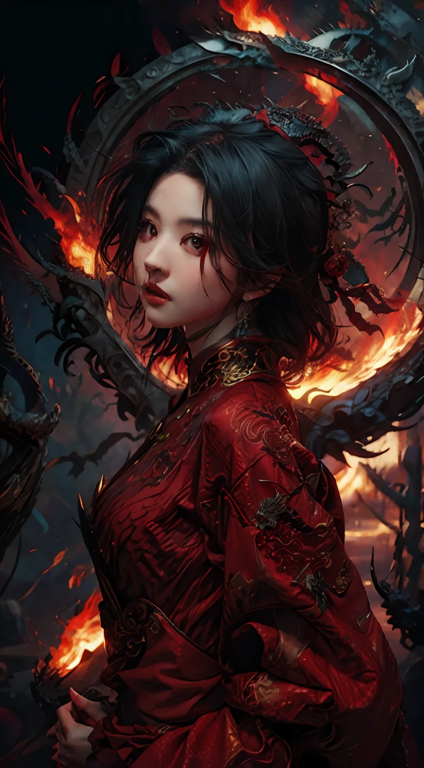 Dragon tattoo woman in red clothes