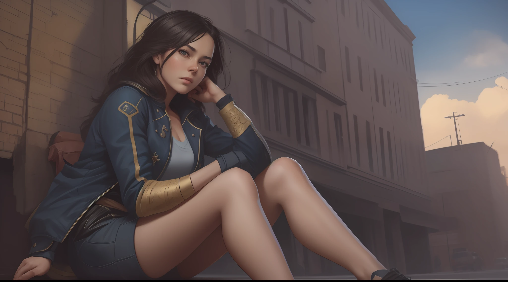 35-year-old woman sits at the top of the building in black suit, triste, Cabello negro ancho, ojos azules,((noche)), (fondo de pantalla CG unidad 8k extremadamente detallado), full shot body photo of the most beautiful artwork in the world, Incredibly beautiful photo realistic cute young woman in the most urban outfit, pecho grande, majestic professional oil painting by Ed Blinkey, Atey Ghailan, Estudio Ghibli, por Jeremy Mann, Greg Manchess, Antonio Moro, tendencia en ArtStation, tendencia en CGSociety, intrincado, Alto detalle, foco nítido, dramatic and photorealistic art by Midjourney and Greg Rutkowski,(8k, La mejor calidad, obra maestra:1.4), (Stunningly Detailed), (alta nitidez), ((Detailed facial features)), (piel finamente detallada), Perfect Anatomia, alta