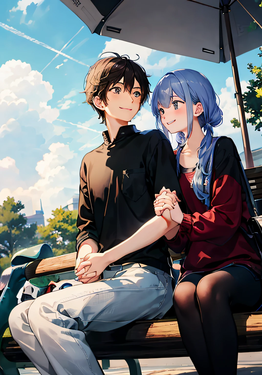 (masterpiece:1.3), best quality, official art, 1girl, 1boy, (cute:1.3), sitting on a park bench, (holding hands), smiling, blushing, (bright), (:D:0.6), rays of sunshine, cumulonimbus clouds, ride horse