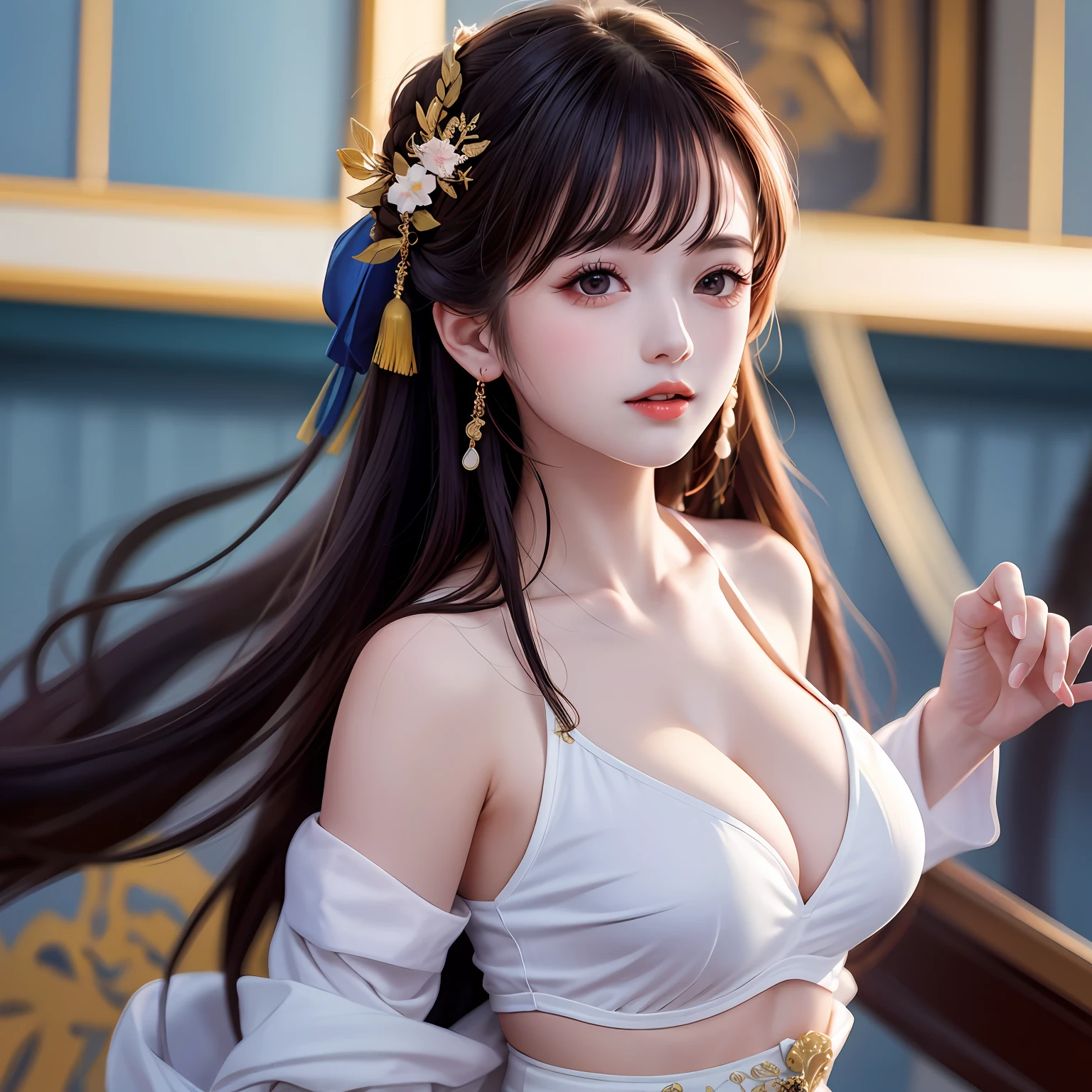 woman,Blue and white dress,Long black hair fluttering,By the lake,Dignified and elegant,Deep eyes,Lips slightly upturned --auto