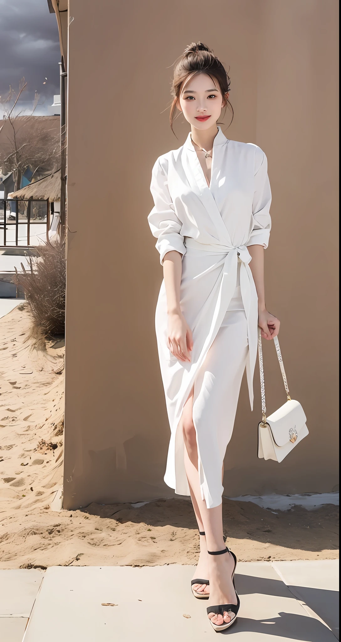 Best quality,Masterpiece,超高分辨率,(Photorealistic:1.4),(1girll:1.3),exteriors,beachside,the sea,On the beach,Facing the sea,Face the camera,ssmile,On a cruise ship,On the beach,beach umbrella,(full bodyesbian:1.5),1 girl,wavy and long hair,Girls all over,Open chest,vests, Dusk,Bright,The sky is blue,White clouds