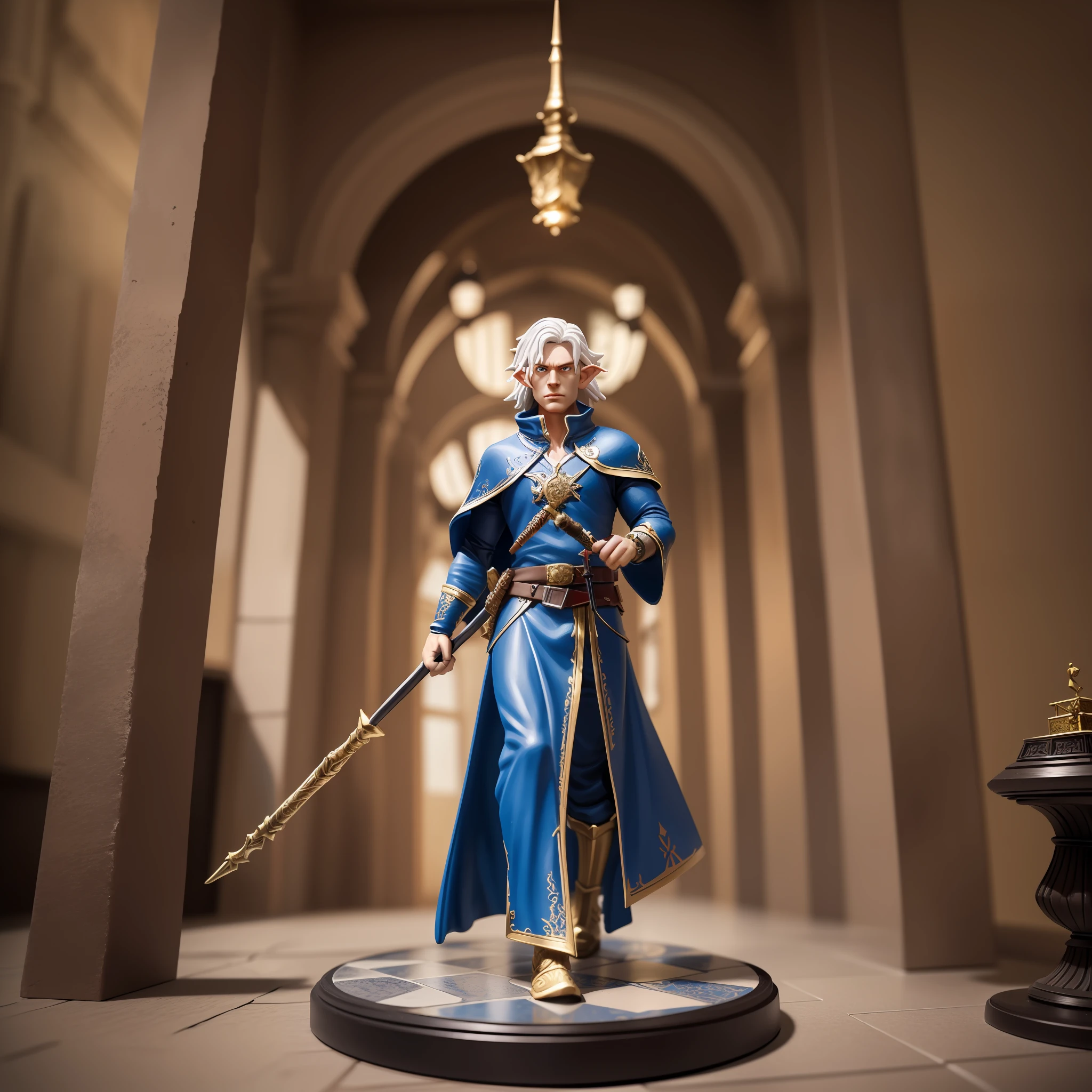 dnd art, fantasy art, box figurine, elf, male wizard, (Masterpiece 1.5, intense details), blue robesic staff with runes, uoltra detail figurine, role playing game model set background ultra details background, best quality (Masterpiece 1.5, intense details), highres, 1080P, 8k, dynmic light, anatomically correct