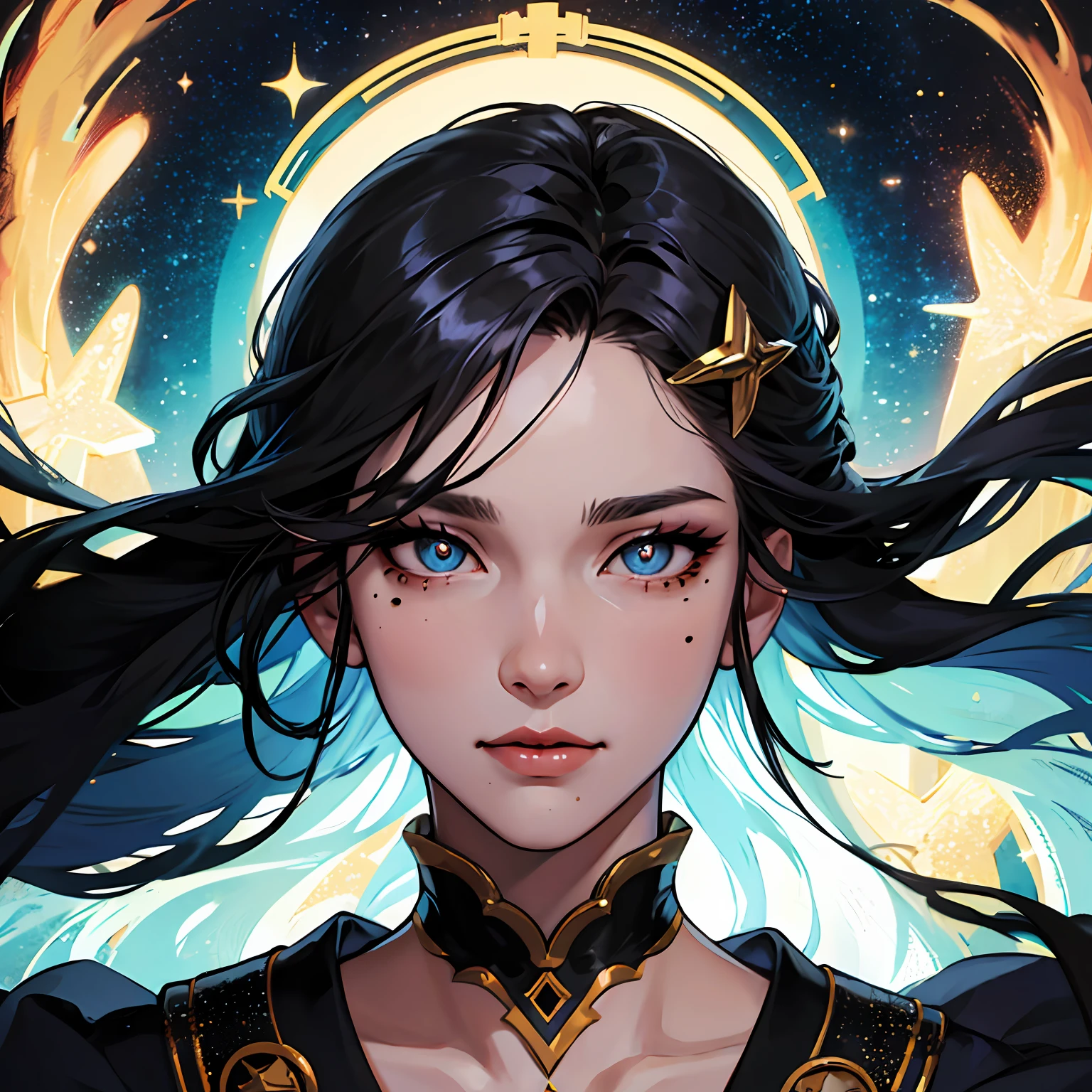 black hair, long hair, hair ornament, mole under eye, star-shaped pupils, star-shaped pupils, makeup, high detail, anime style, cinematic lighting, silhouette, sparkle, tachi-e, atmospheric perspective, Sony FE GM, textured skin --auto