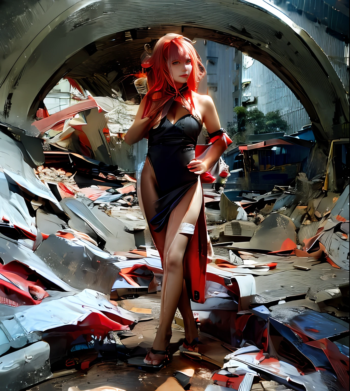 There is a woman in a black dress standing in a destroyed building, em uma paisagem urbana arruinada, The evil princess of the wasteland, in a post apocalyptic setting, In ruins, portrait shooting, in a post-apocalyptic wasteland, in a wasteland, Destruction around her, post apocalyptic tokyo, Queen of the Wasteland, Evil Goddess, Mass destruction, set in post apocalyptic tokyo