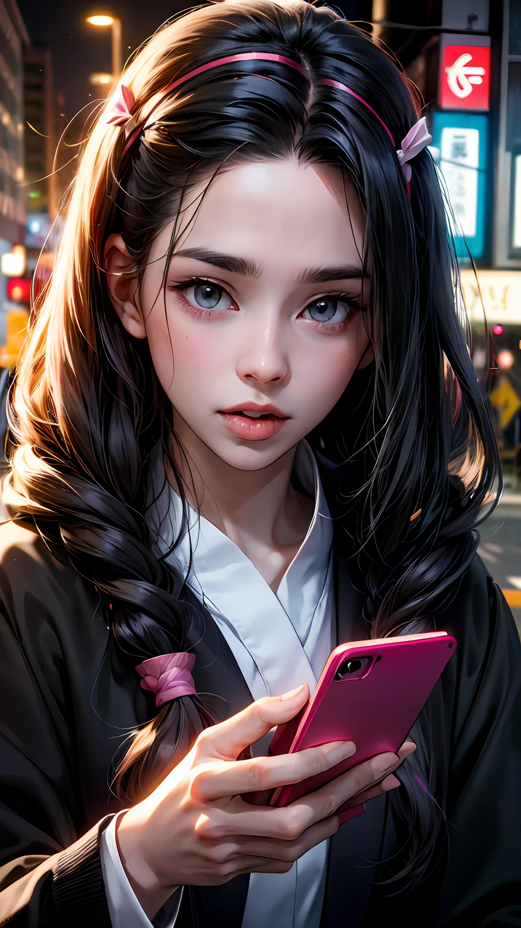 Potrait of a Nezuko, from kimetsu no Yaiba Universe, with amazing face, long black hair, chewing gum, cyberpunk style, at the city light of tokyo, using black hoodie with pink strip, holding a smartphone, high resolution, 4k, hd, realistic --auto