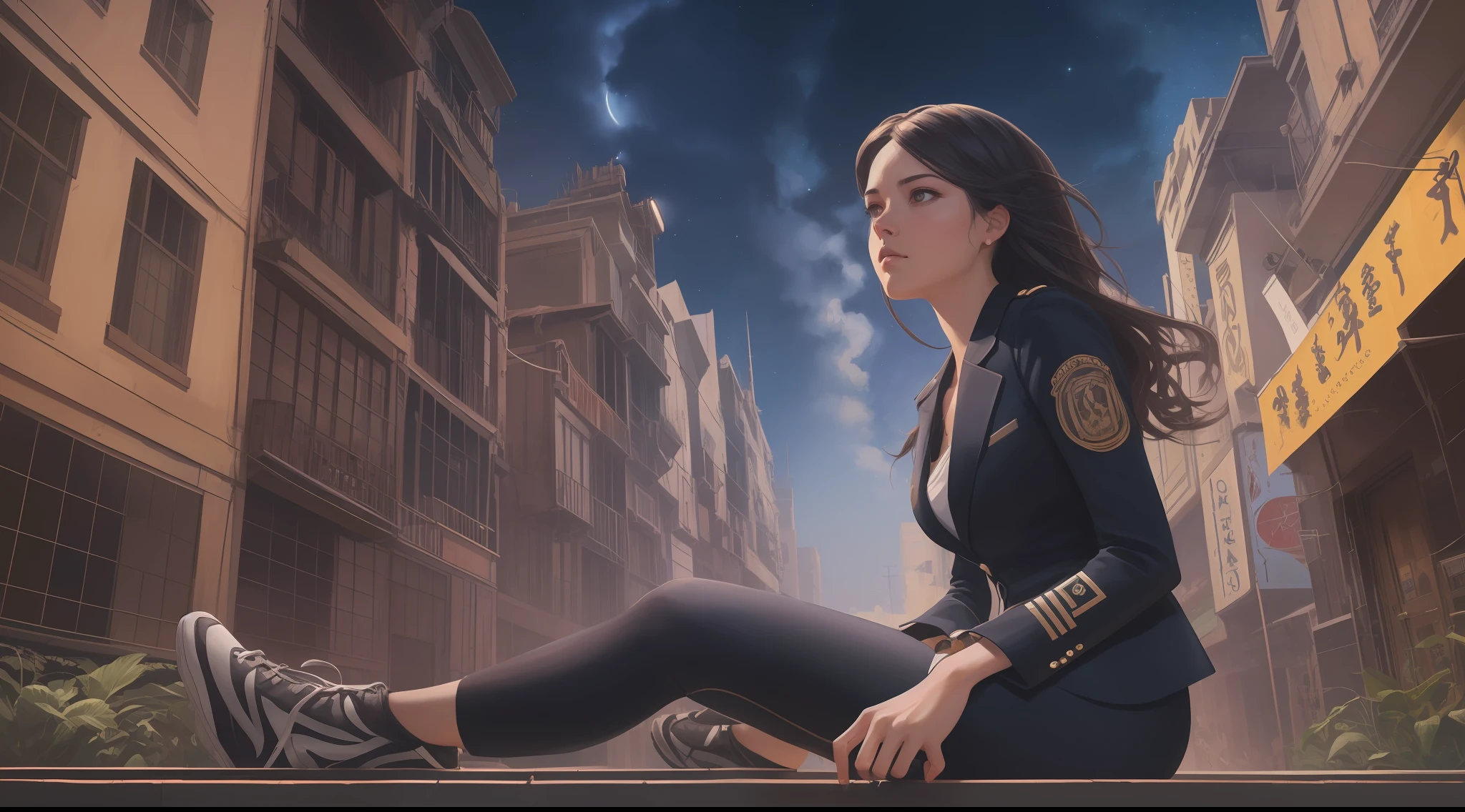 25-year-old woman sits at the top of the building in black suit, triste, Cabello negro ancho, ojos azules,((noche)), (fondo de pantalla CG unidad 8k extremadamente detallado), full shot body photo of the most beautiful artwork in the world, Incredibly beautiful photo realistic cute young woman in the most urban outfit, pecho grande, majestic professional oil painting by Ed Blinkey, Atey Ghailan, Estudio Ghibli, por Jeremy Mann, Greg Manchess, Antonio Moro, tendencia en ArtStation, tendencia en CGSociety, intrincado, Alto detalle, foco nítido, dramatic and photorealistic art by Midjourney and Greg Rutkowski,(8k, La mejor calidad, obra maestra:1.4), (Stunningly Detailed), (alta nitidez), ((Detailed facial features)), (piel finamente detallada), (((viendo el cielo estrellado)))