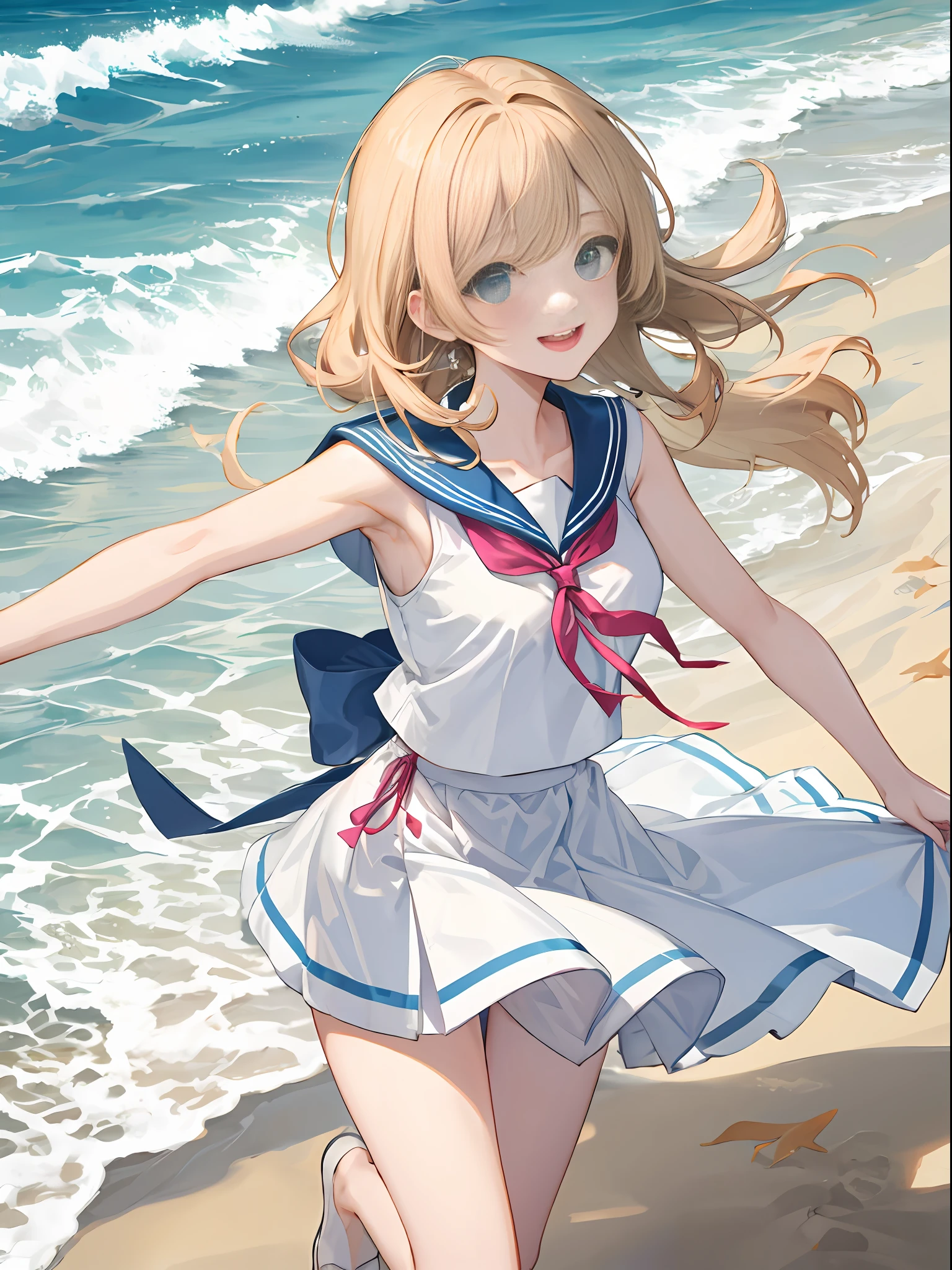 hightquality、Woman in her 20s、Two people、Sailor suit in bright colors、White sailor color、Open chest、Sleeveless、Cute hairstyle、sand beach、Smile、Show the armpits、pantie shot