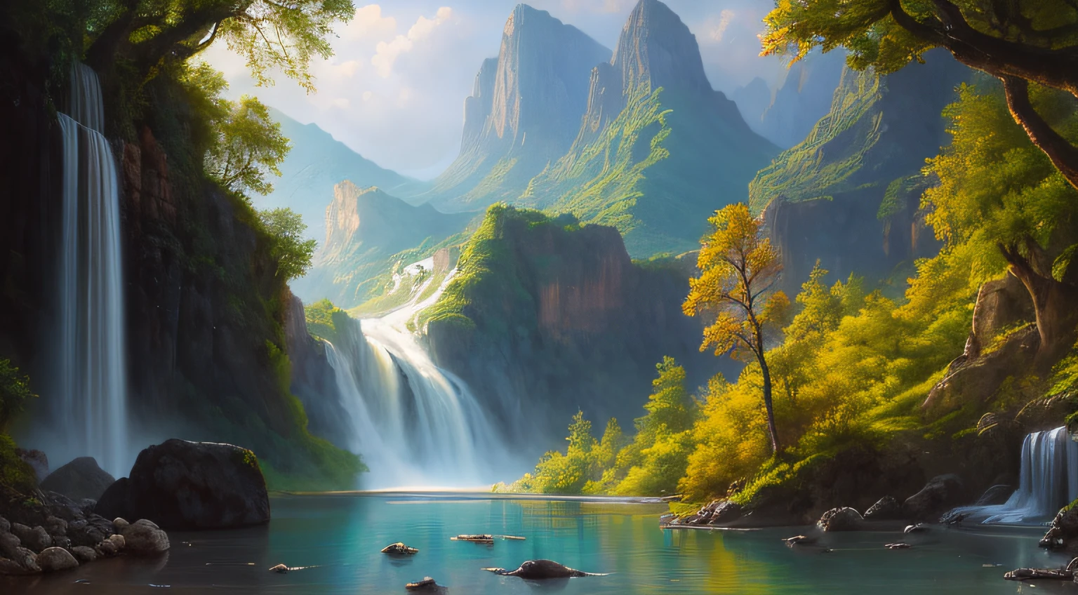 Waterfall painting in the valley，The background is a waterfall, 4k hd matte digital painting, Illustration matte painting, wlop and RHADS, ryan dyar, 8k resolution digital painting, 8 k resolution digital painting, Detailed painting 4 K, Fantasy art landscape, Beautiful oil matte painting, Detailed scenery —width 672, matte digital painting