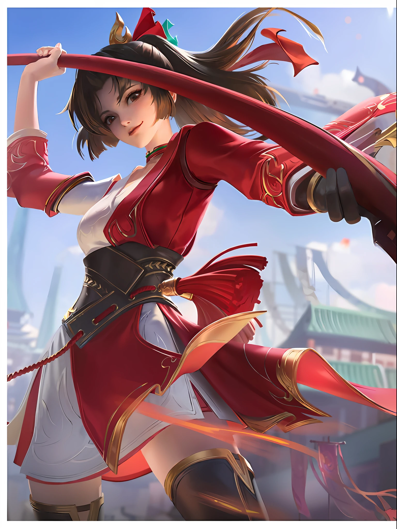 Anime girl with long hair and red dress holding a sword, Extremely detailed Artgerm, zenra taliyah, youthful taliyah, by Yang J, inspired by Ju Lian, bian lian, By Leng Mei, Akali, taliyah, IG model | Art germ, Keqing from Genshin Impact, ruan jia and artgerm