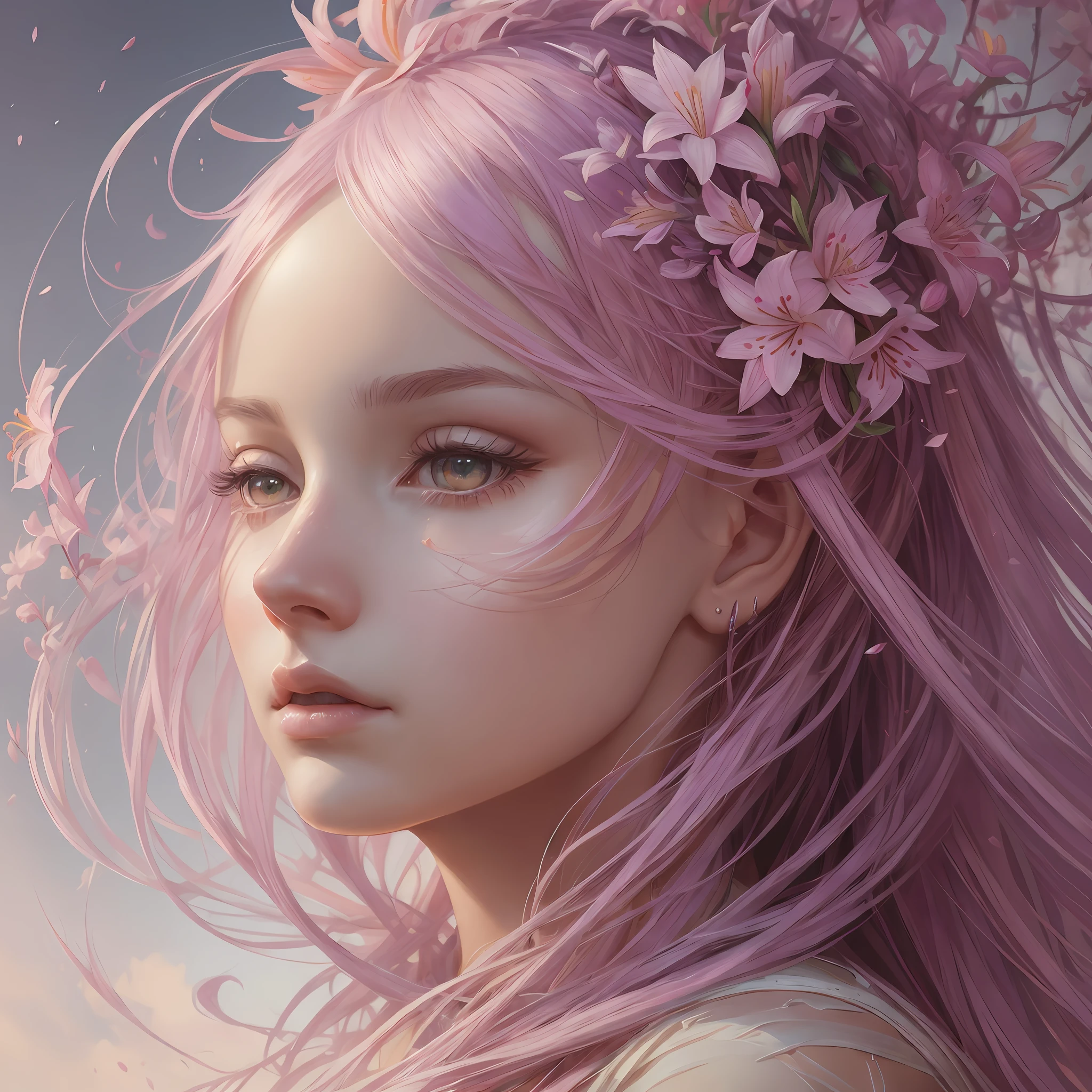 Gear 00D, Beautuful Women, Long hair, A pink-haired, hairaccessories, Floating hair, flower, detail portrayal、Masterpiece、ultra-detailliert、top-quality、