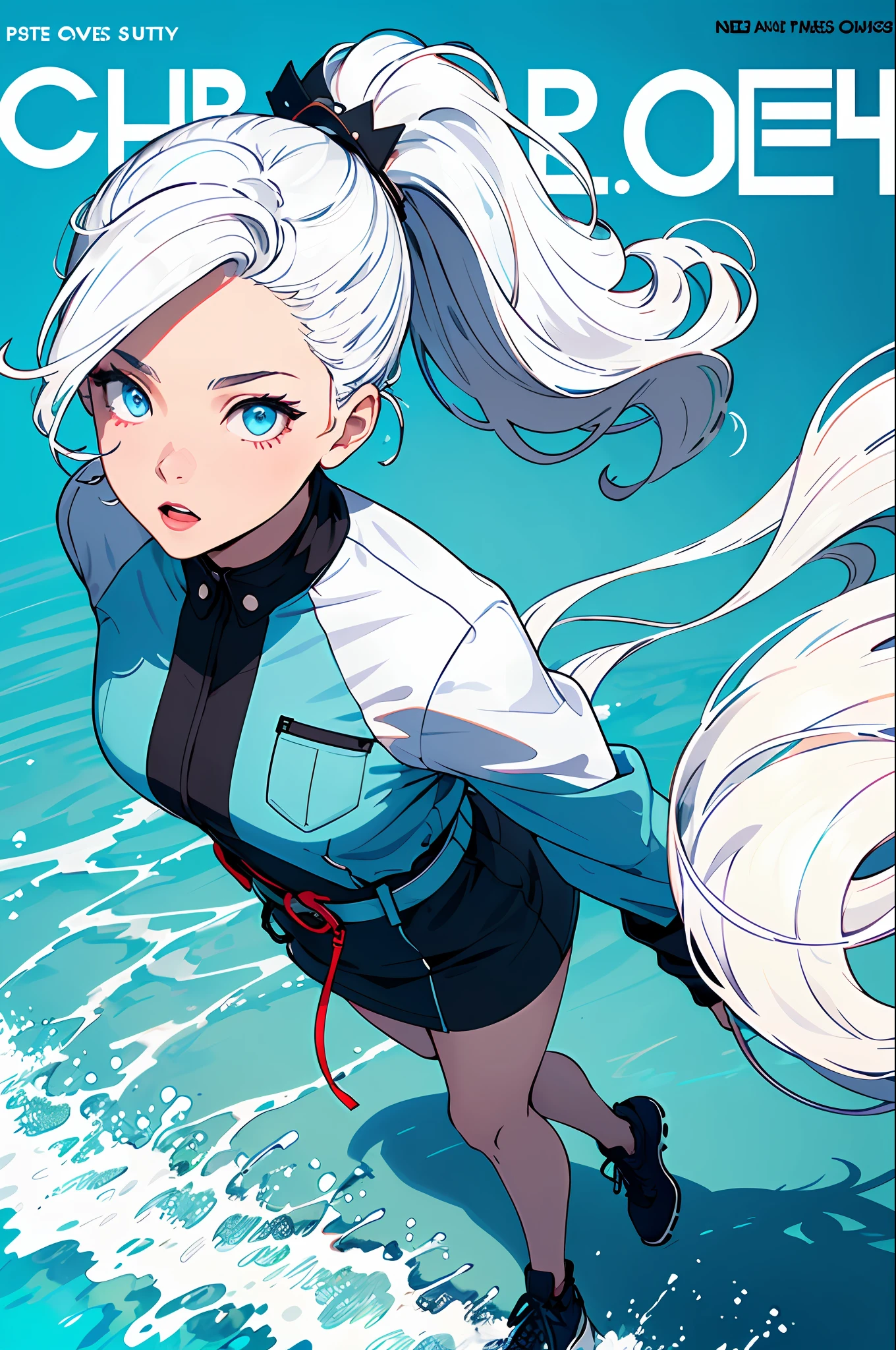 masterpiece,(best quality),(1girl) ,solo,(high contrast:1.2),(high saturation:1.2), ((hands on the pocket)),((black and white sdress)),looking at viewer,((white and light blue theme:1.3)),((white and light blue background:1.5)),white hair,blue eyes,((walking:1.3)),full body,black footwear,((the light blue water on sky and white cloud and day)),((from above:1.2)),
(magazine:1.3), (cover-style:1.3), fashionable, woman, vibrant, outfit, posing, front, colorful, dynamic, background, elements, confident, expression, holding, statement, accessory, majestic, coiled, around, touch, scene, text, cover, bold, attention-grabbing, title, stylish, font, catchy, headline, larger, striking, modern, trendy, focus, fashion,