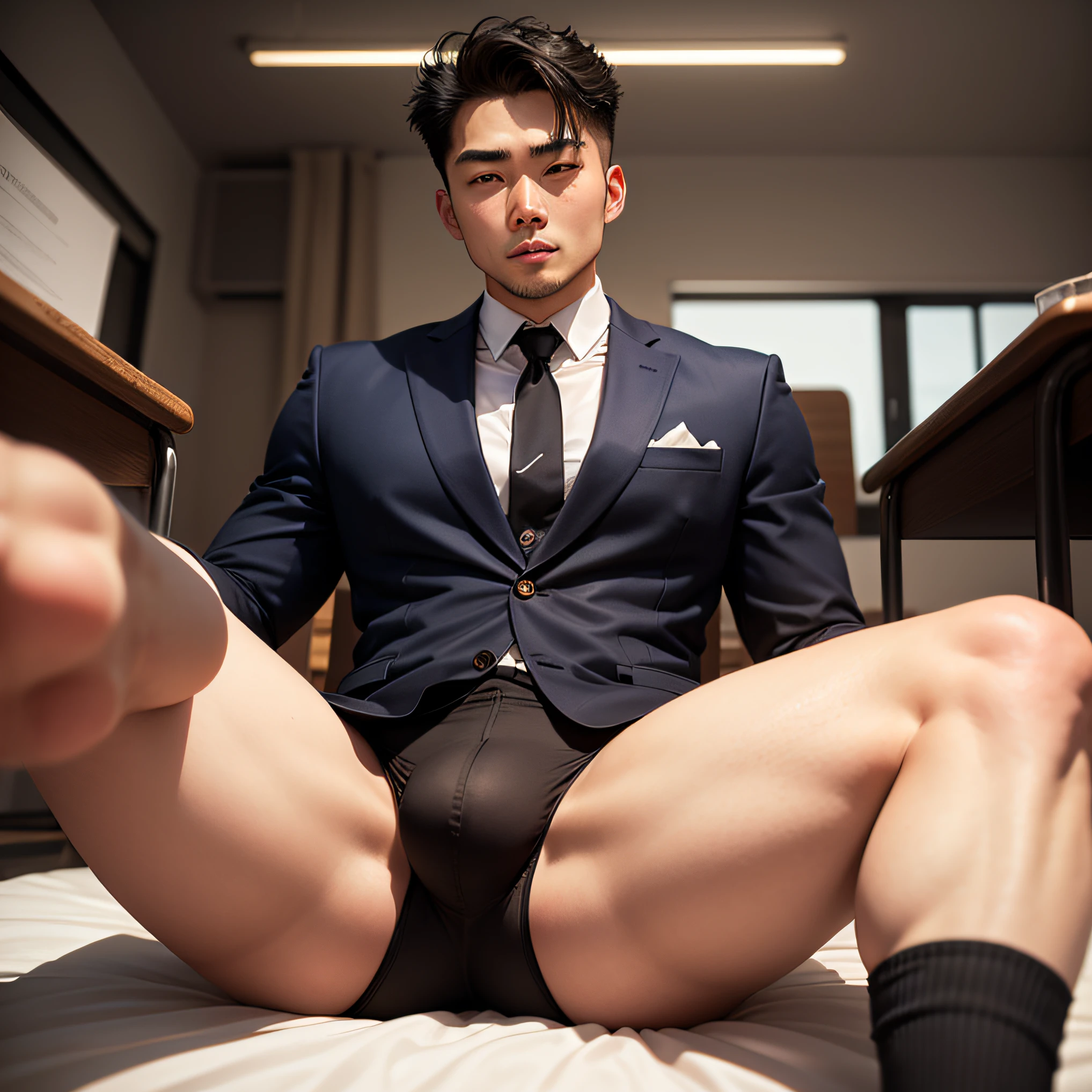 tmasterpiece, Optimal image quality, Muscular 30-year-old Asian man lying on a classroom bed,Spread your legs, No shoes, only black socks,Wear a suit,Look straight at the audience,The long legs and large bulges are very attractive。 --auto