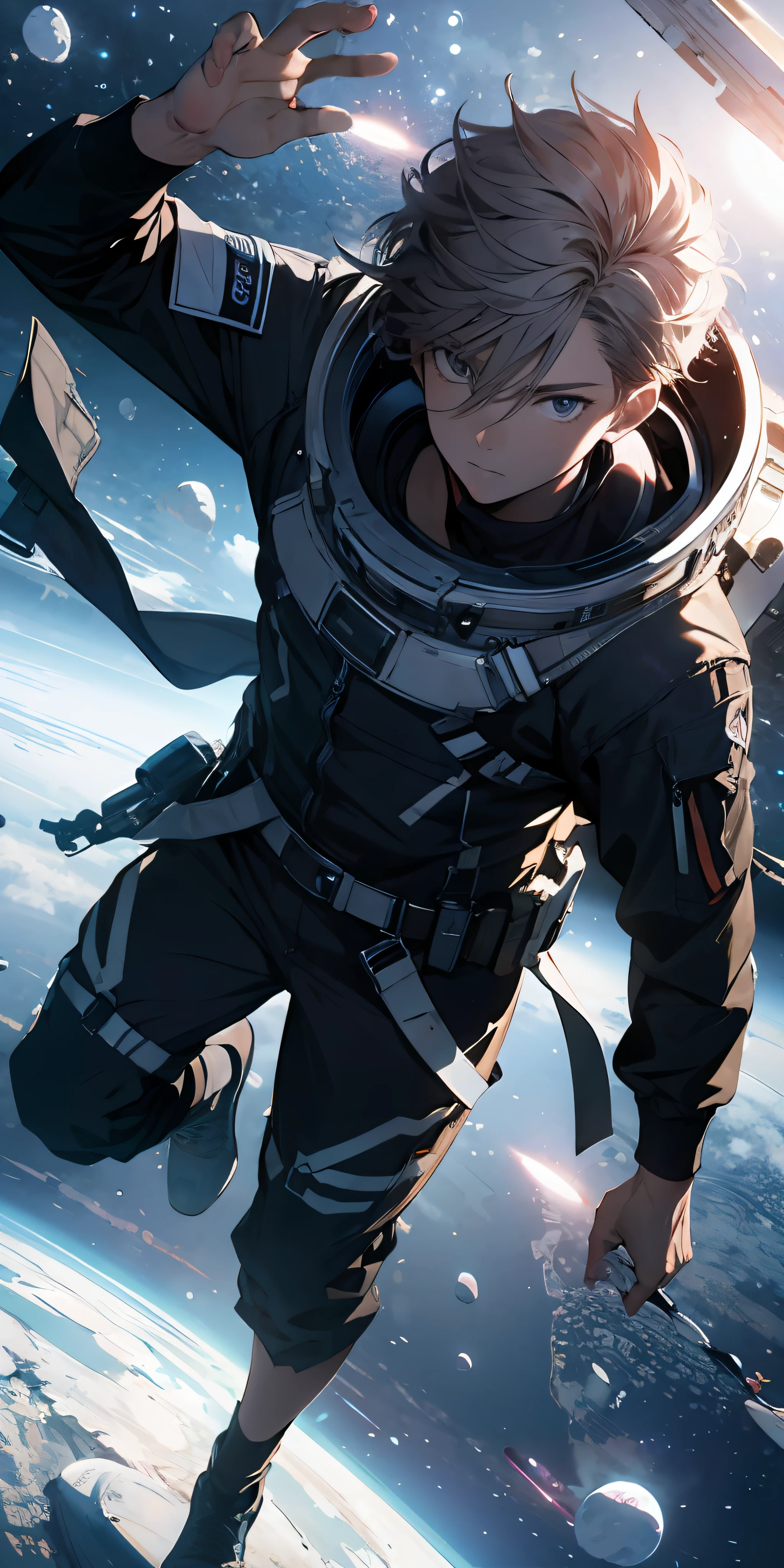 ridiculous resolution, high resolution, (masterpiece:1.4), super detailed, 1boy, seen from above, space, floating, --v 6