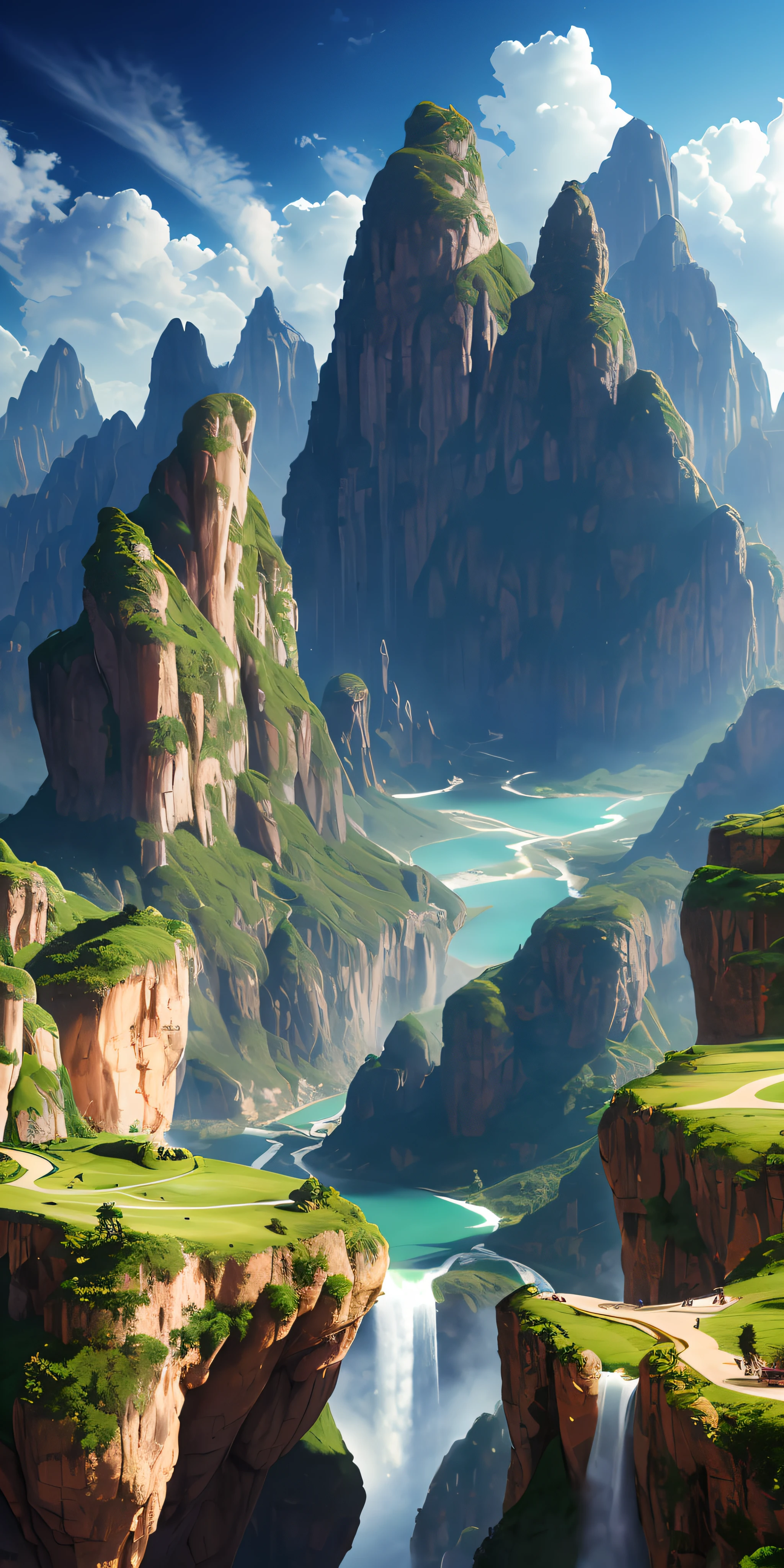 Masterpiece, best quality, high quality, extremely detailed CG unity 8k wallpaper, landscape, outdoor, sky, cloud, sky, no humans, mountain, landscape, water, tree, blue sky, waterfall, cliff, nature, lake, river , cloudy skies, award winning photography, bokeh, depth of field, HDR, bloom, chromatic aberration, photorealism, very detailed, trending on artstation, trending on CGsociety, intricate, high detail, dramatic, midjourney art