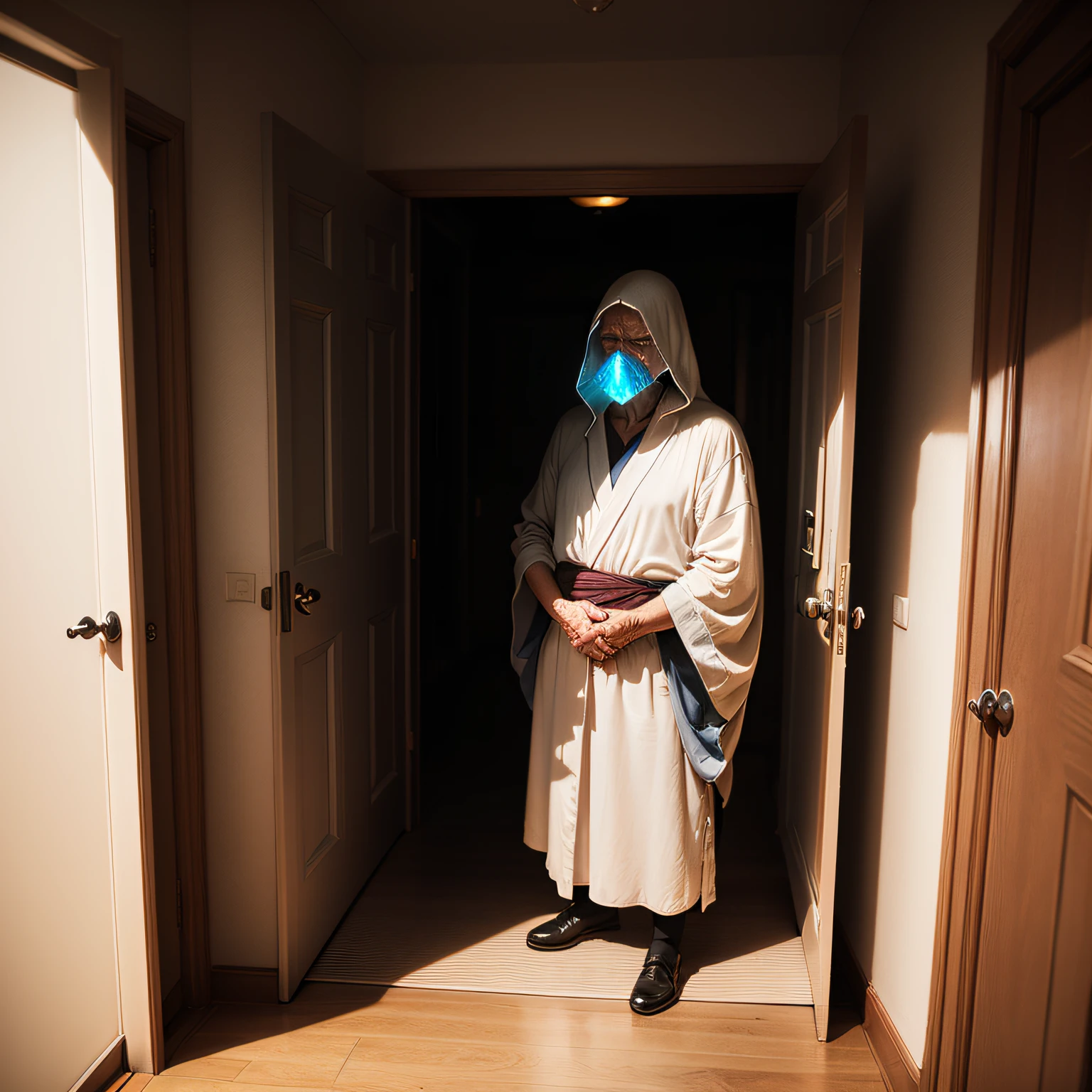 "An old man in a long robe,The face is covered with corpse spots,Standing in the doorway。The picture is generally dark,The light is dim,Dark tones stand out,Emphasize the lonely breath of the elderly。" --auto