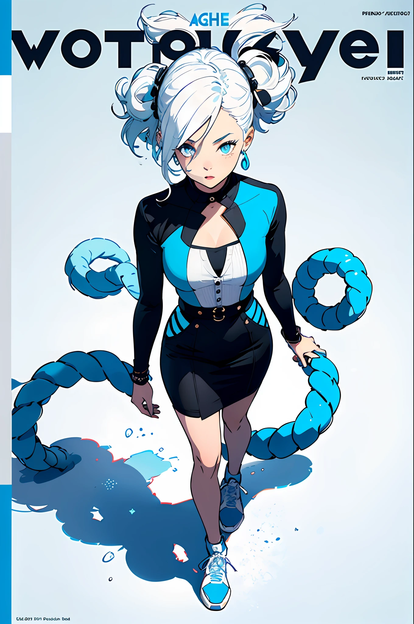 masterpiece,(best quality),(1girl) ,solo,(high contrast:1.2),(high saturation:1.2), ((hands on the pocket)),((black and white sdress)),looking at viewer,((white and light blue theme:1.3)),((white and light blue background:1.5)),white hair,blue eyes,((walking:1.3)),full body,black footwear,((the light blue water on sky and white cloud and day)),((from above:1.2)),
(magazine:1.3), (cover-style:1.3), fashionable, woman, vibrant, outfit, posing, front, colorful, dynamic, background, elements, confident, expression, holding, statement, accessory, majestic, coiled, around, touch, scene, text, cover, bold, attention-grabbing, title, stylish, font, catchy, headline, larger, striking, modern, trendy, focus, fashion,