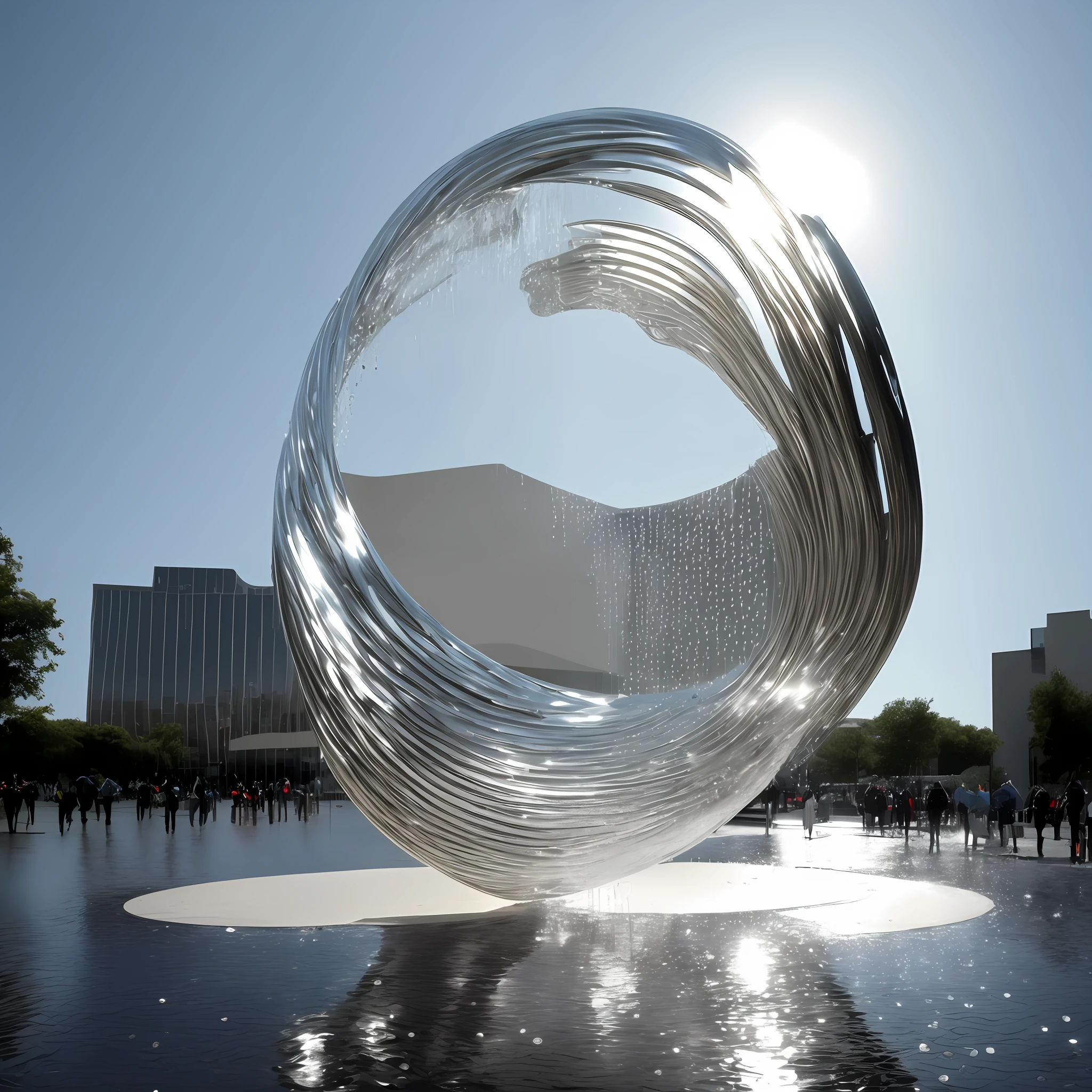 The center of the square water droplets fall, splashing water to form a rippled stainless steel sculpture --auto