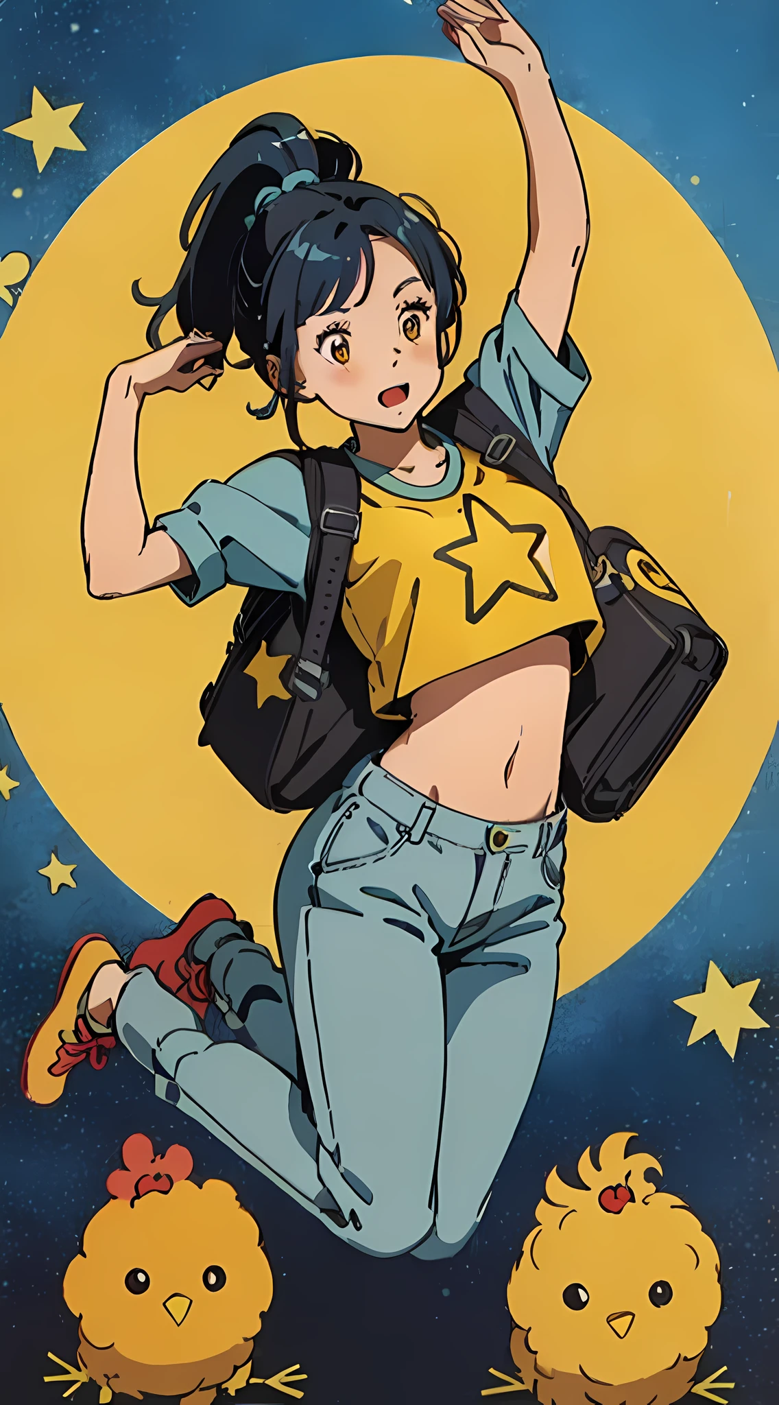 best quality girl with dark blue hair in a long ponytail, wearing an oversized yellow crop top with a star on it, baggy blue pants, a small backpack, orange eyes, jumping in a dynamic pose holding chickens