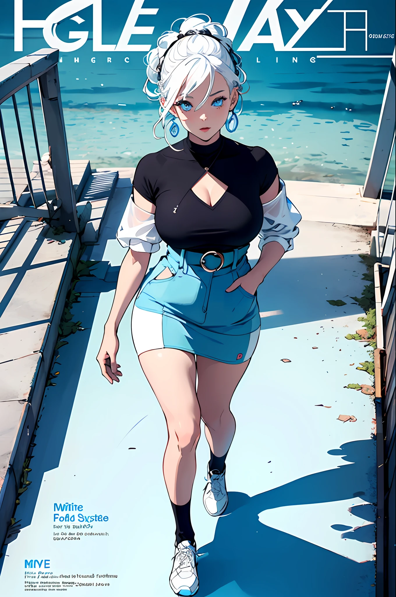 masterpiece,(best quality),(1girl) ,solo,(high contrast:1.2),(high saturation:1.2), ((hands on the pocket)),((black and white sdress)),looking at viewer,((white and light blue theme:1.3)),((white and light blue background:1.5)),white hair,blue eyes,((walking:1.3)),full body,black footwear,((the light blue water on sky and white cloud and day)),((from above:1.2)),
(magazine:1.3), (cover-style:1.3), fashionable, woman, vibrant, outfit, posing, front, colorful, dynamic, background, elements, confident, expression, holding, statement, accessory, majestic, coiled, around, touch, scene, text, cover, bold, attention-grabbing, title, stylish, font, catchy, headline, larger, striking, modern, trendy, focus, fashion,