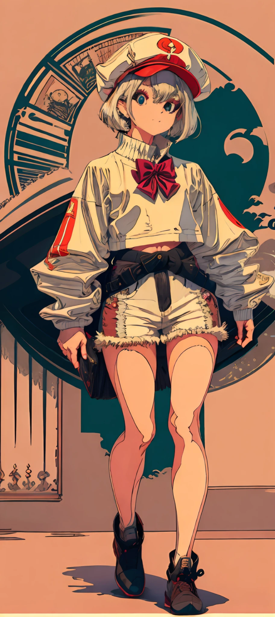 A child with blue eyes, white hair and a white sweatshirt with a black bow tie,Anime Art Nouveau style,Alphonse Mucha and Rosturs,Alphonse Mucha style,korean art nouveau anime,Flat shadow Mucha,Alphonse Mucha style,Demula and Alphonse Mucha style,Anime Art Nouveau universe display,Inspired by Alphonse Mucha,Mucha style,Flat Karl shadow Mucha --auto