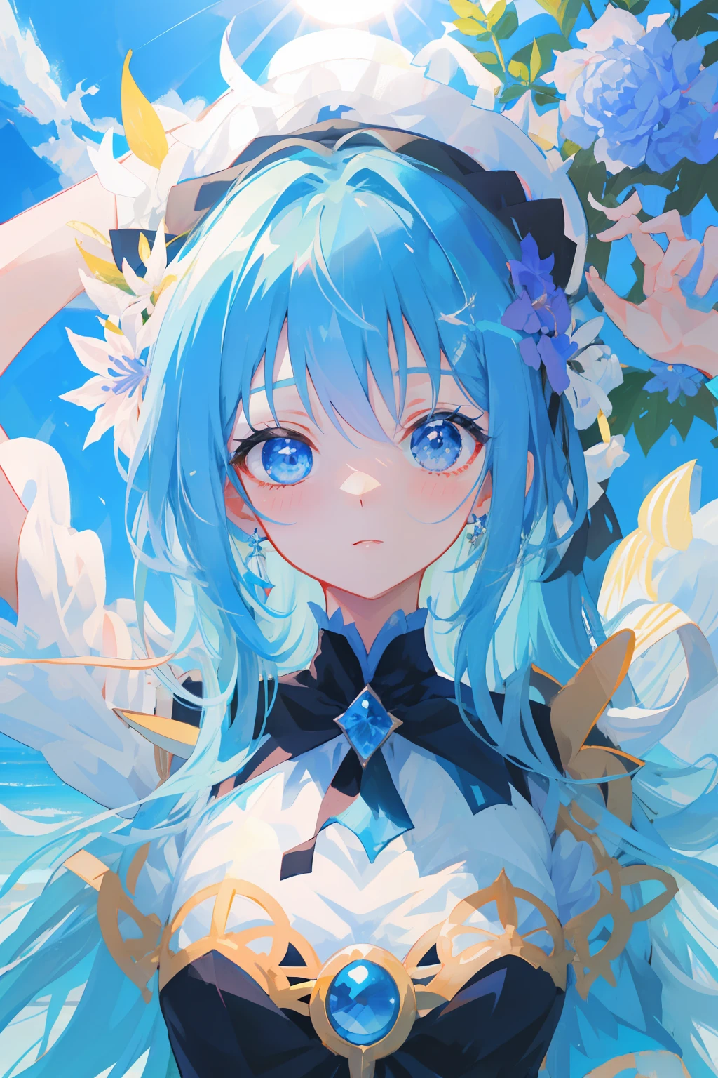 Anime girl blue eyes sunshine flower sea