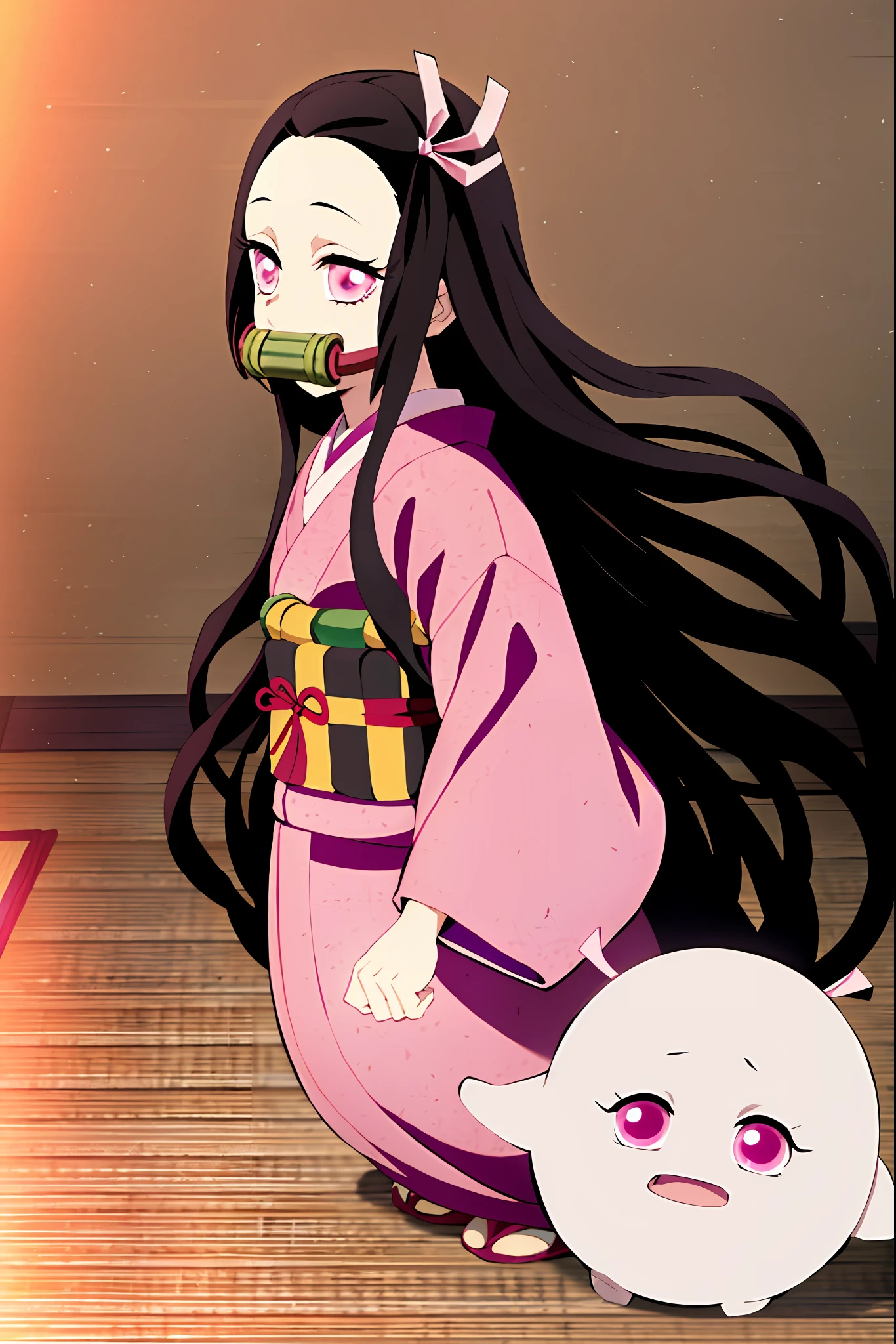 kamado nezuko, kimetsu no yaiba style, 1girl, black hair, forehead, hair ribbon, japanese clothes, kimono, long hair, multicolored hair, pink eyes, pink kimono, pink ribbon, ribbon, very long hair,  gagged, bit gag,  ((masterpiece))