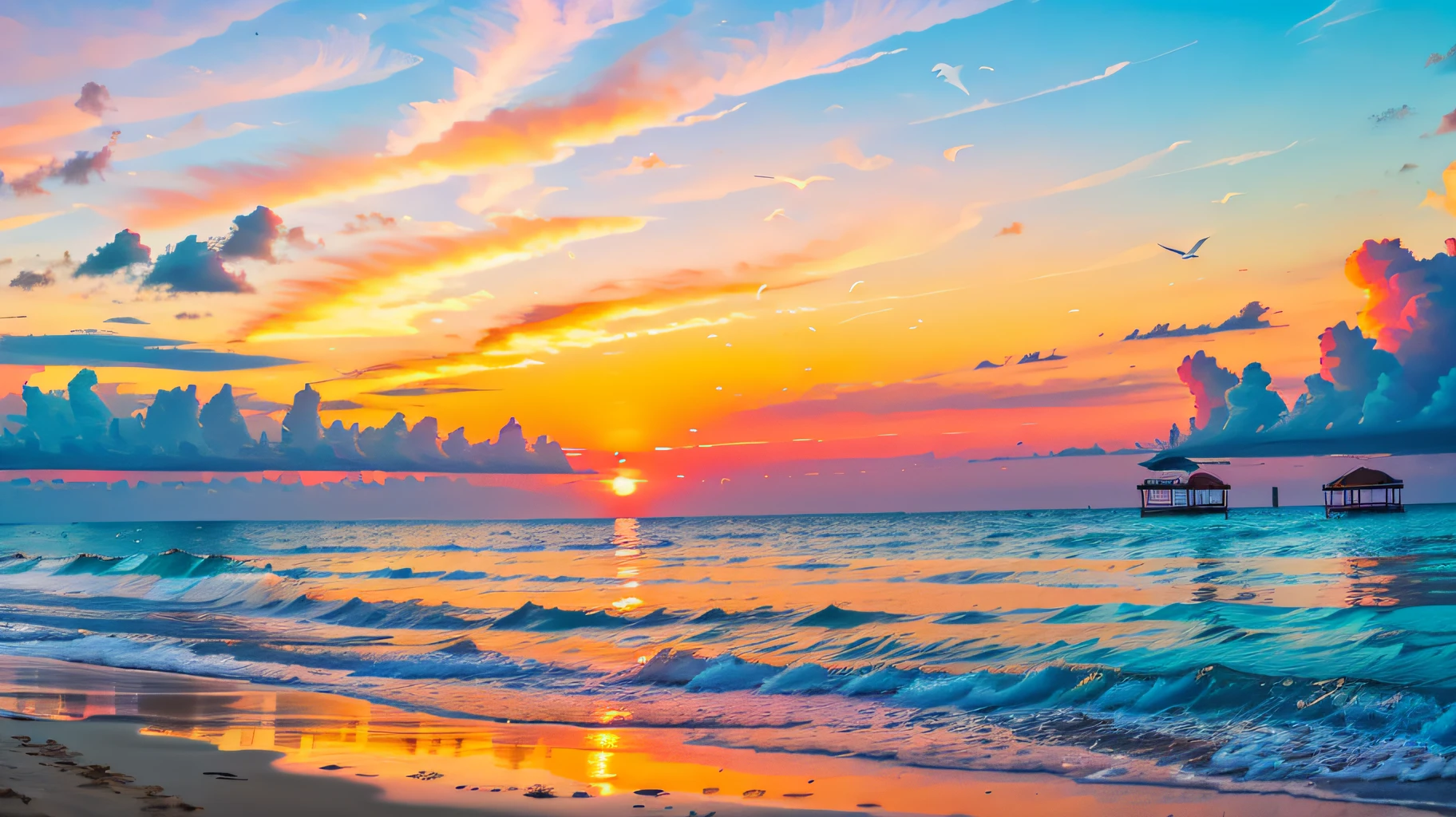 Absolutely mesmerizing sunset on the beach with a mix of oranges, pinks and yellows in the sky. The water is crystal clear, gently kissing the shore, and the white sand is endless. The scenes are action-packed and breathtaking, with seagulls soaring high in the sky and palm trees swaying gently. Immerse yourself in the calm atmosphere and let the serenity surround you.