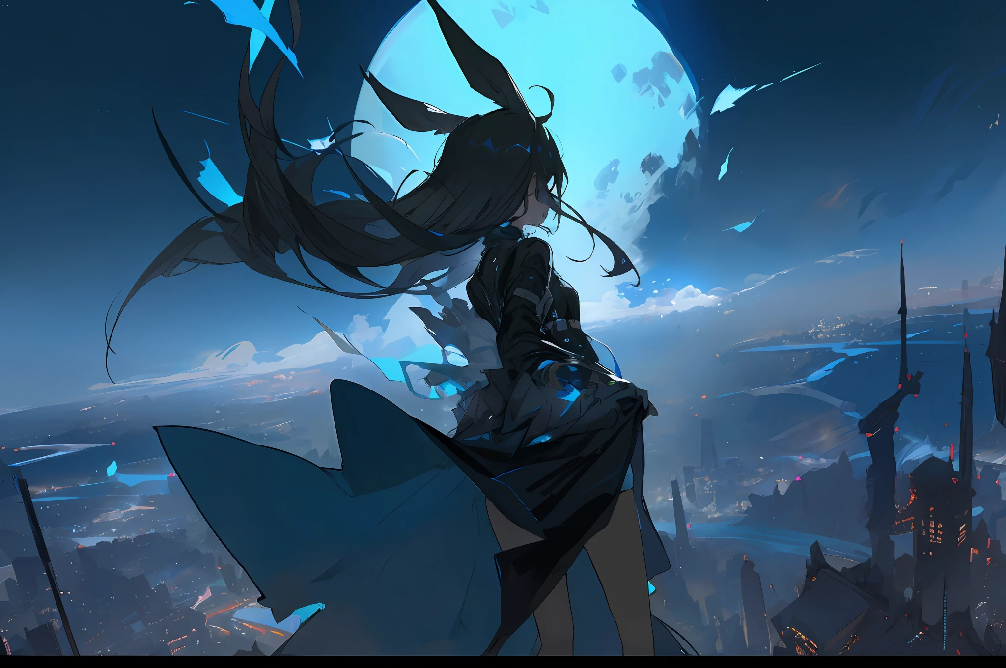 Anime girl with long hair standing on a cliff,The background is the full moon。, Guweiz on ArtStation Pixiv, Guweiz in Pixiv ArtStation, trending on artstation pixiv, by Yang J, Artgerm and Atey Ghailan, Digital cyberpunk anime art, Digital art on Pixiv, Guviz-style artwork