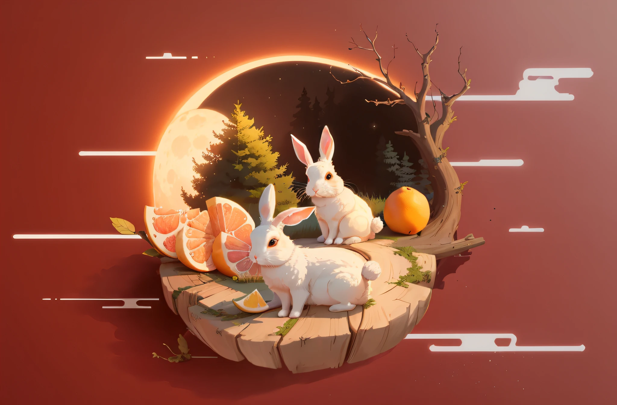 The sky has a full moon，There were two rabbits sitting on a piece of wood，There are grapefruit on it, Yuzu stands out in the picture，Yuzu is the main body，Yuzu is rich in detail，a forest with bunnies, in the style of Cyril Rolando, Inspired by Cyril Rolando, cyril rolando and goro fujita, Cute detailed digital art, author：Cyril Rolando, lovely digital painting, author：Ivan Generalić, A beautiful artwork illustration, 4 k hd illustrative wallpaper，Planarization，Illustration style，Mill style