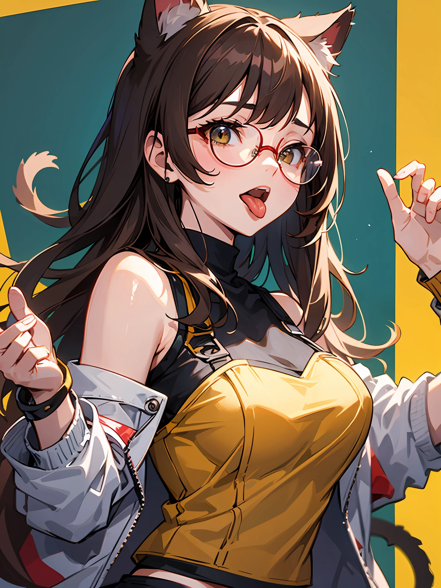 （（（1girll））），Cat ears，Raise both hands，Brown hair long，vests，jaket，cropped shoulders，cowboy lens，eye glass，medium boob，yellow backdrop，with her mouth open，Stick your tongue out to the audience，Be red in the face，